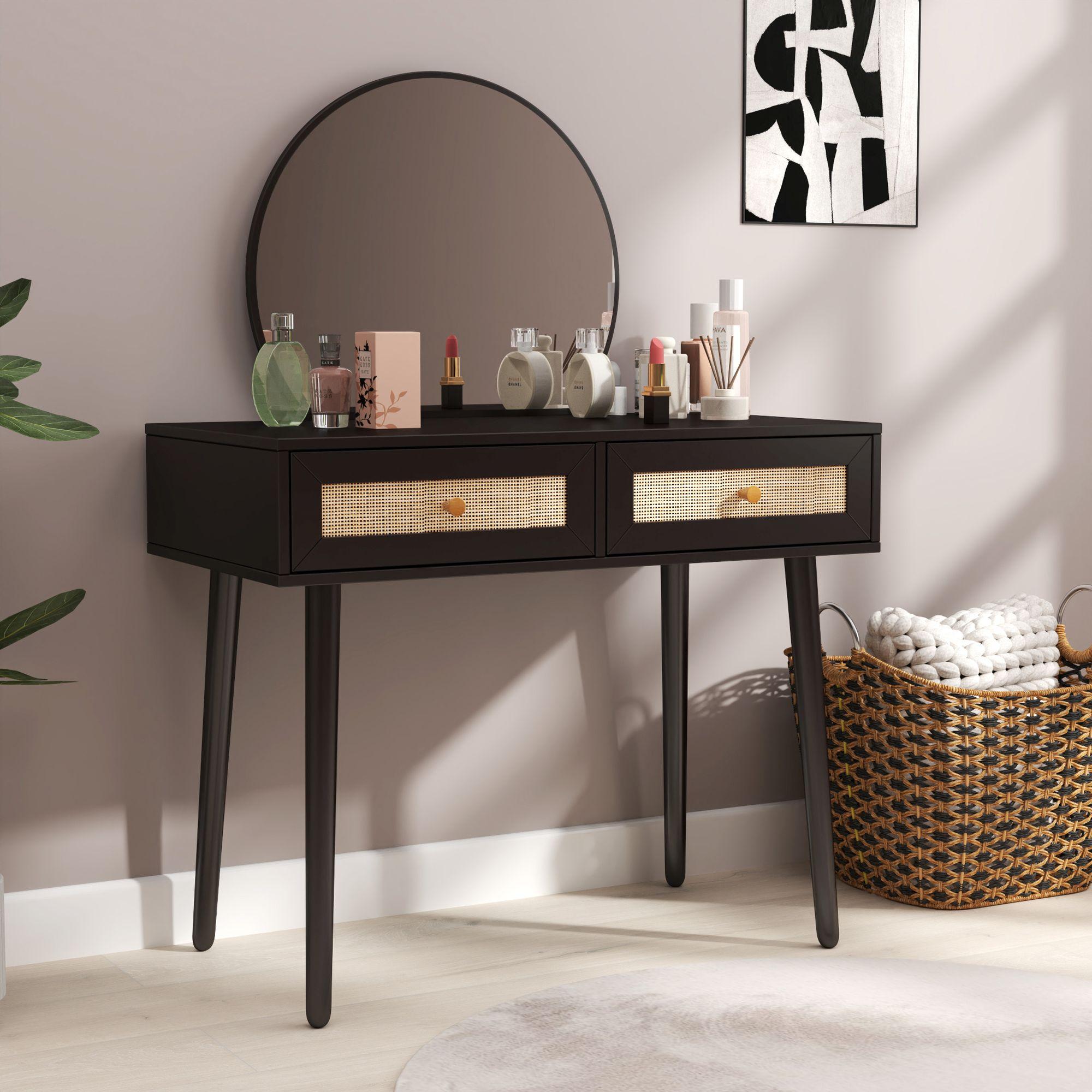 Product photograph of Ferrero Black And Woven Rattan 2 Drawer Dressing Table With Mirror from Choice Furniture Superstore.