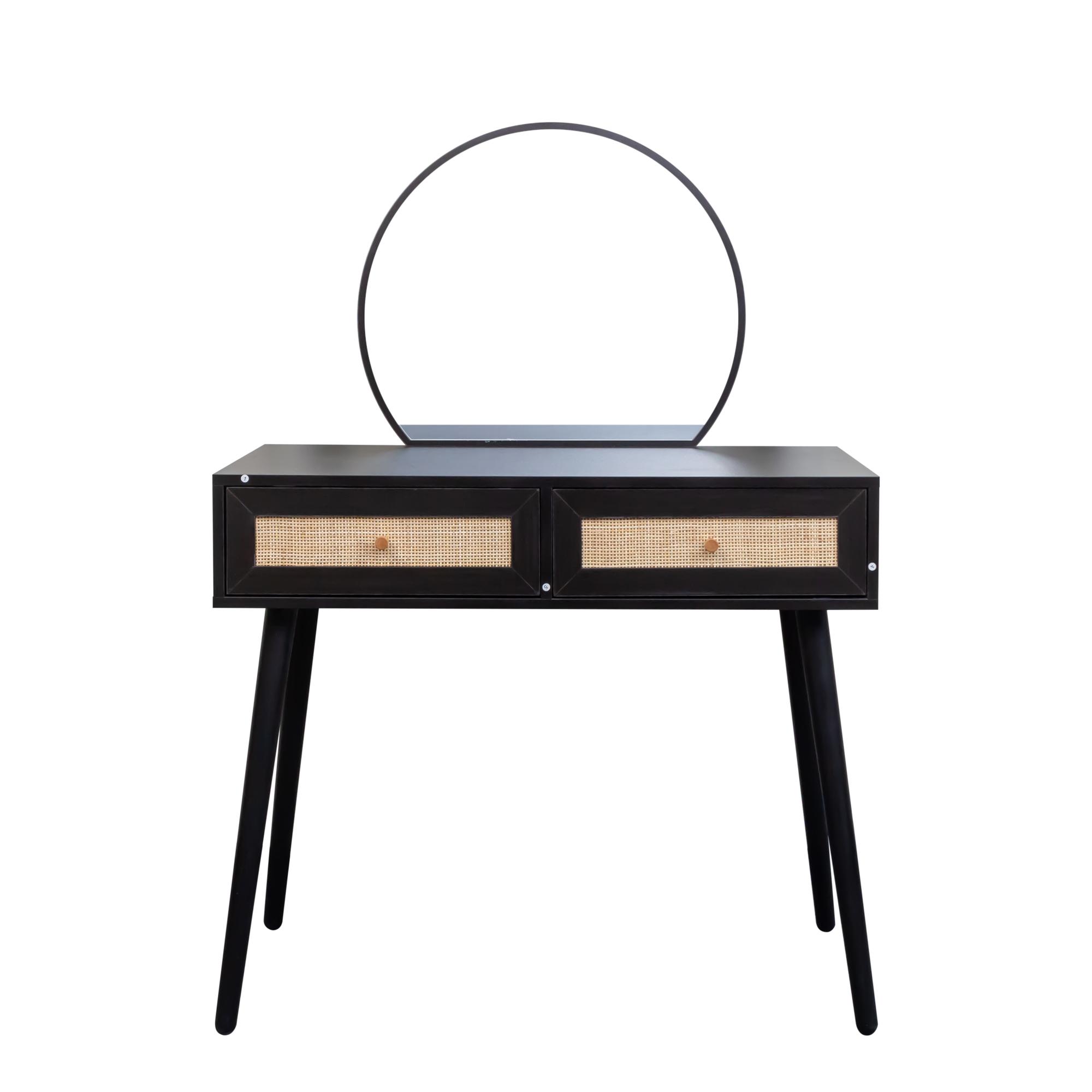 Product photograph of Ferrero Black And Woven Rattan 2 Drawer Dressing Table With Mirror from Choice Furniture Superstore.