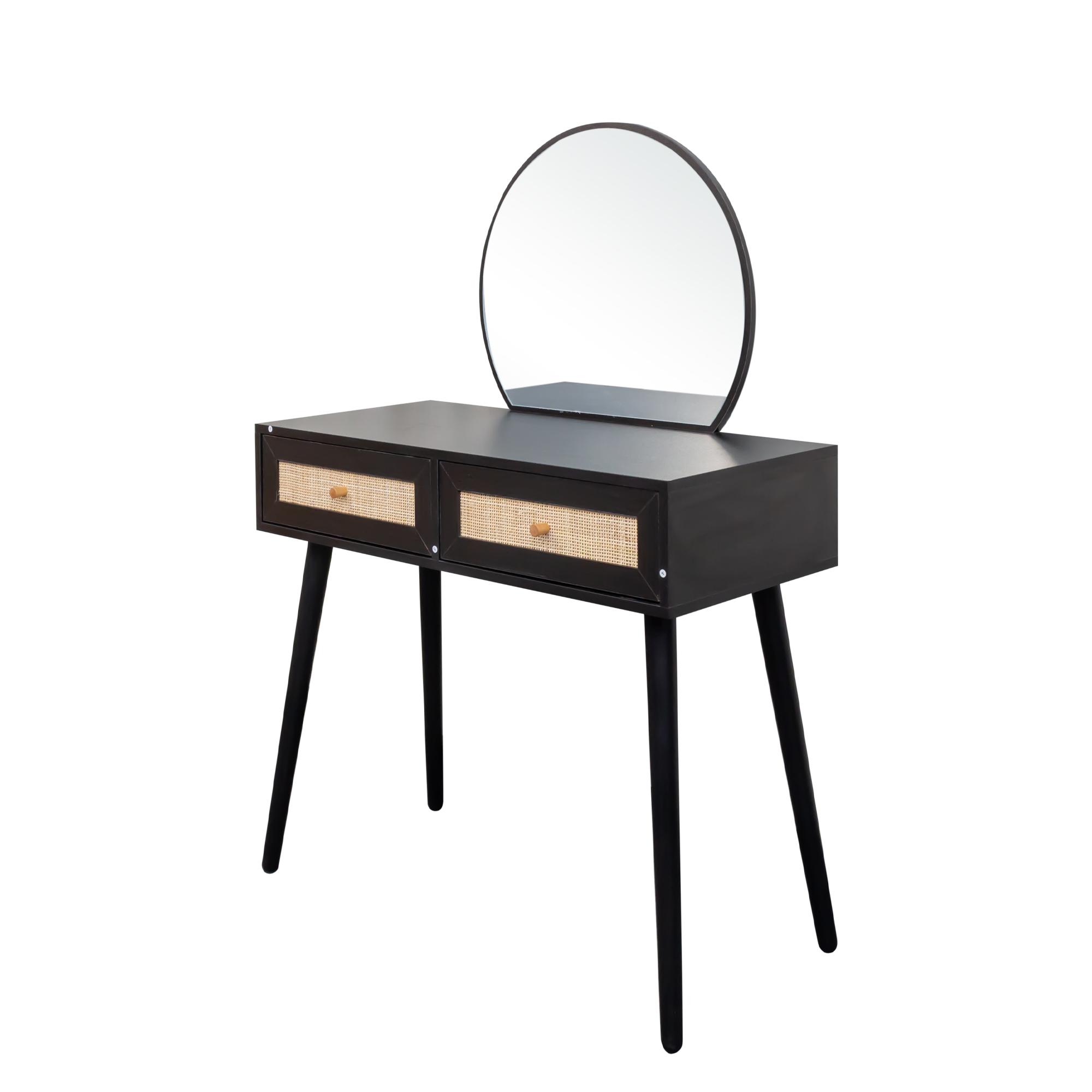 Product photograph of Ferrero Black And Woven Rattan 2 Drawer Dressing Table With Mirror from Choice Furniture Superstore.