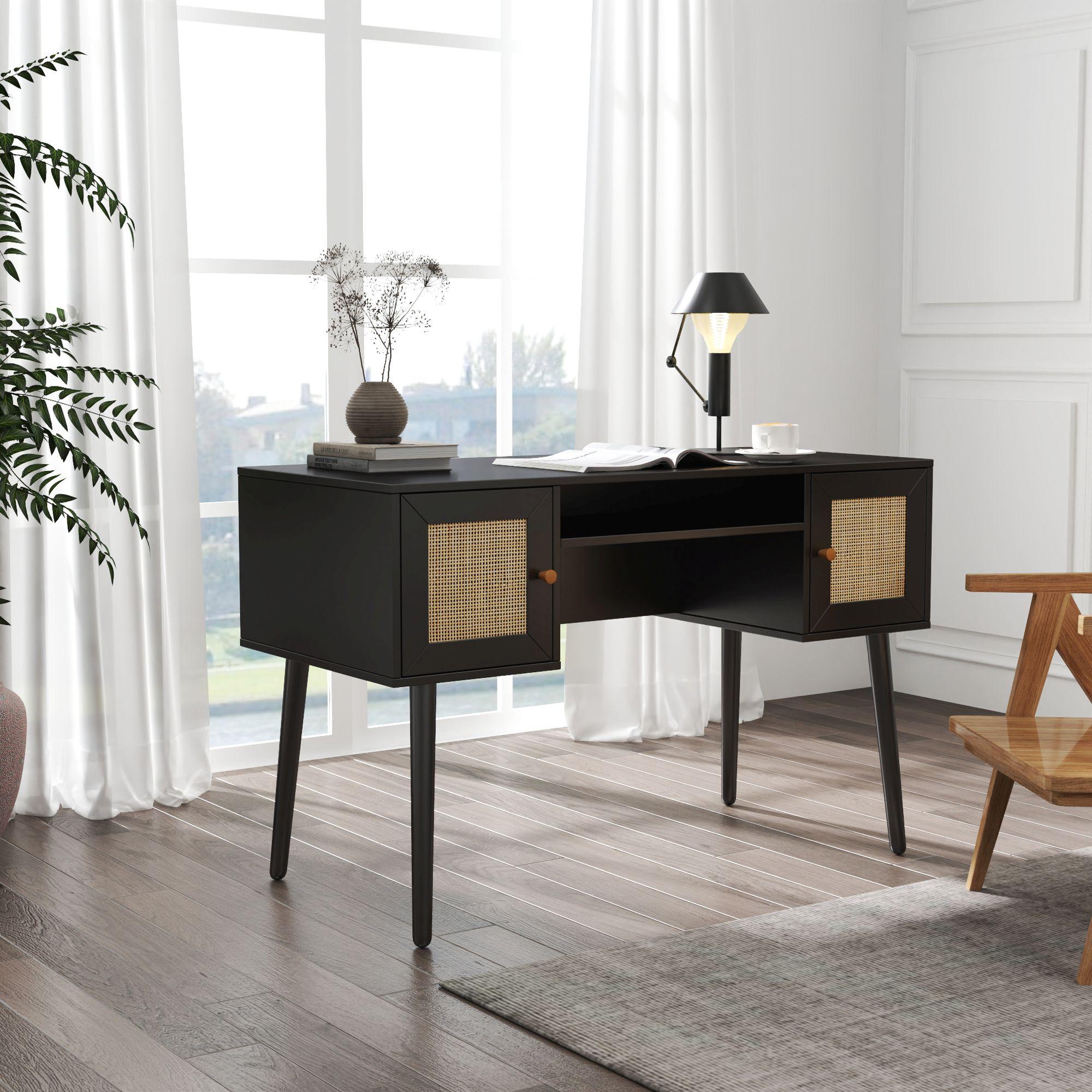 Product photograph of Ferrero Black And Woven Rattan 2 Drawer Desk from Choice Furniture Superstore.