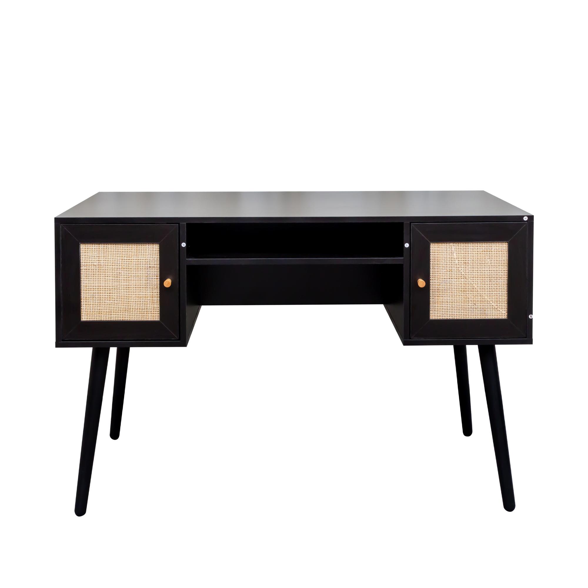 Product photograph of Ferrero Black And Woven Rattan 2 Drawer Desk from Choice Furniture Superstore.
