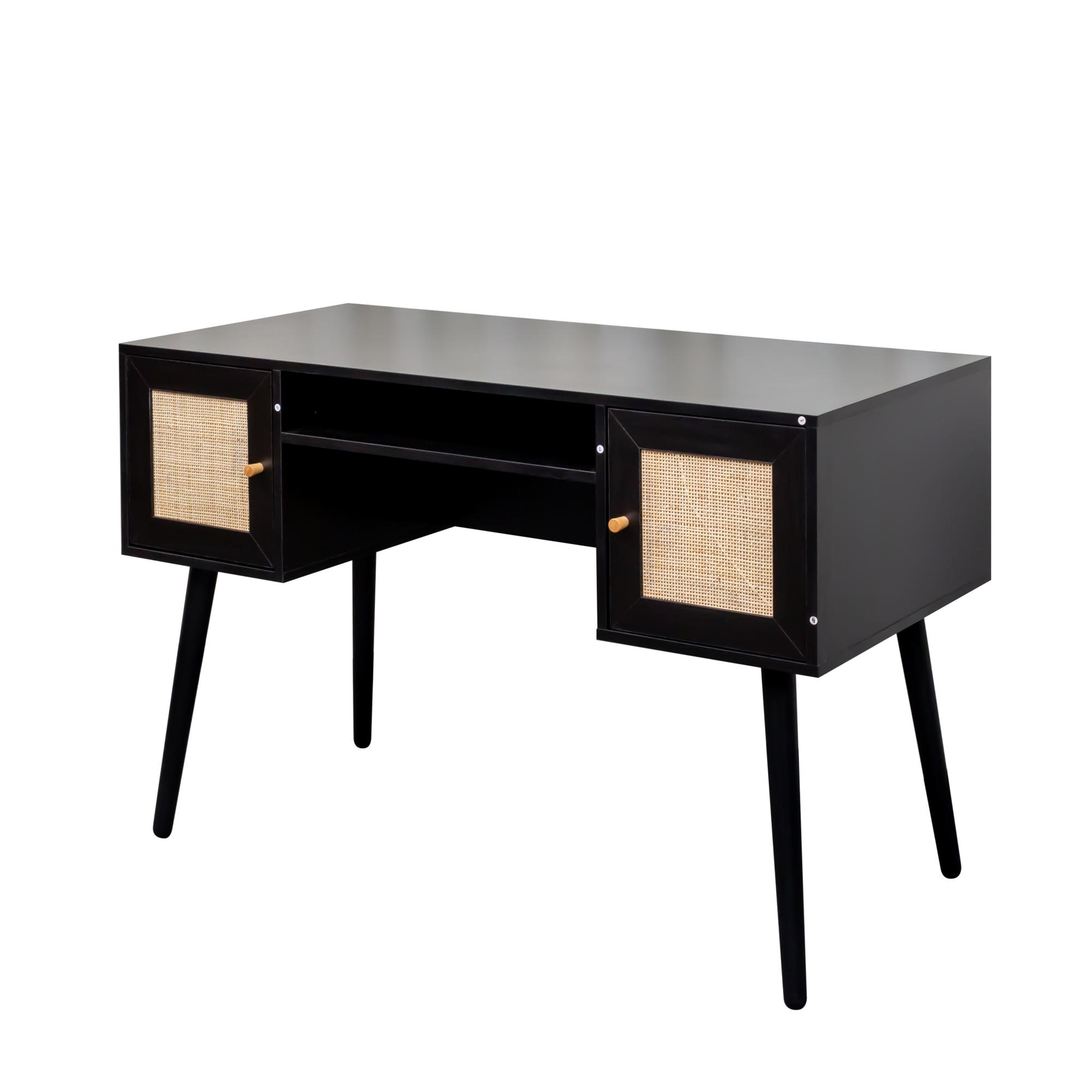 Product photograph of Ferrero Black And Woven Rattan 2 Drawer Desk from Choice Furniture Superstore.