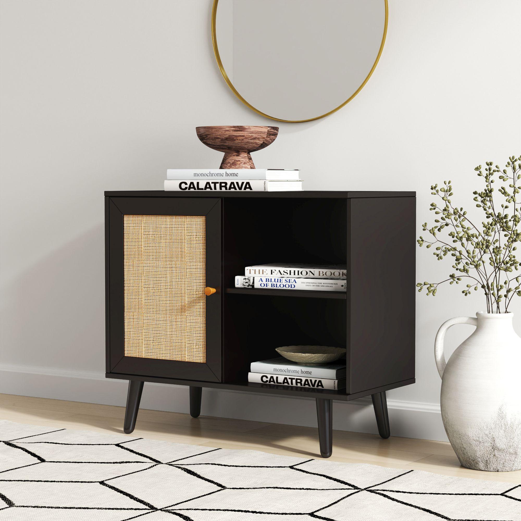Product photograph of Ferrero Black And Woven Rattan 1 Door Cabinet from Choice Furniture Superstore.