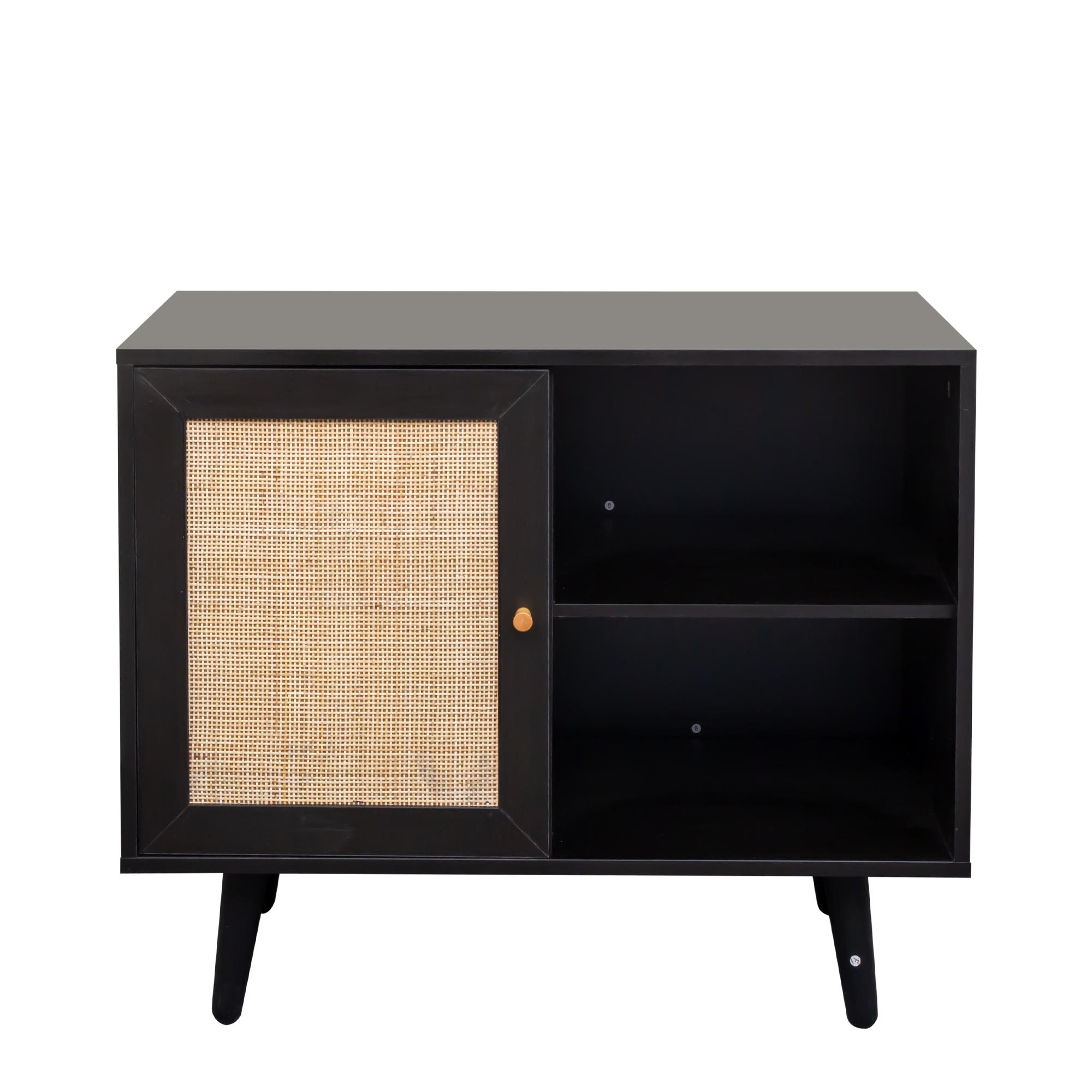 Product photograph of Ferrero Black And Woven Rattan 1 Door Cabinet from Choice Furniture Superstore.