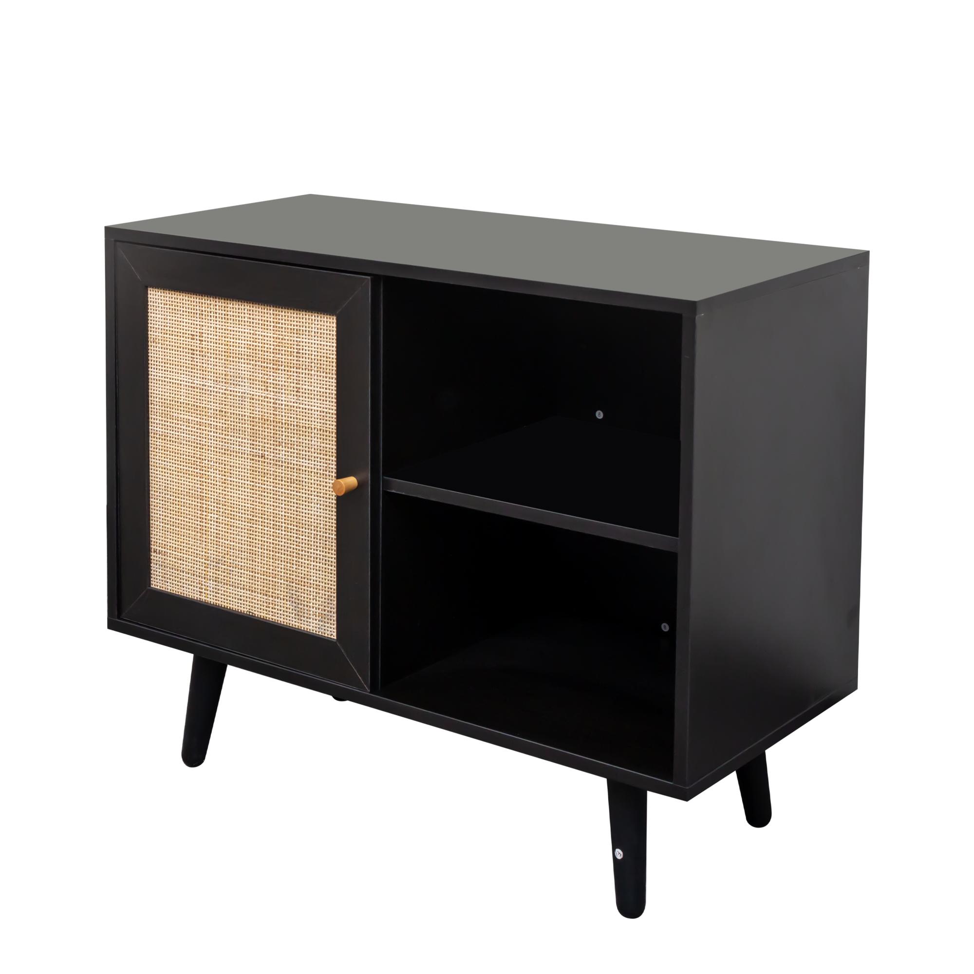Product photograph of Ferrero Black And Woven Rattan 1 Door Cabinet from Choice Furniture Superstore.