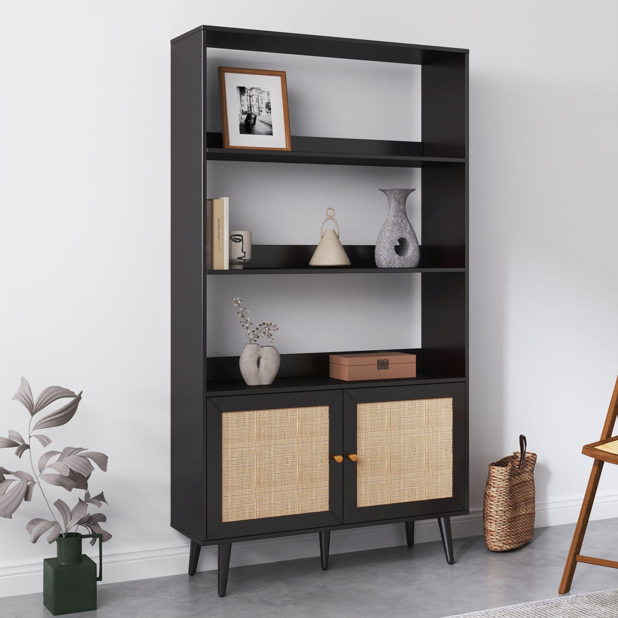 Product photograph of Ferrero Black And Woven Rattan Open Shelving Unit With Cupboard from Choice Furniture Superstore.
