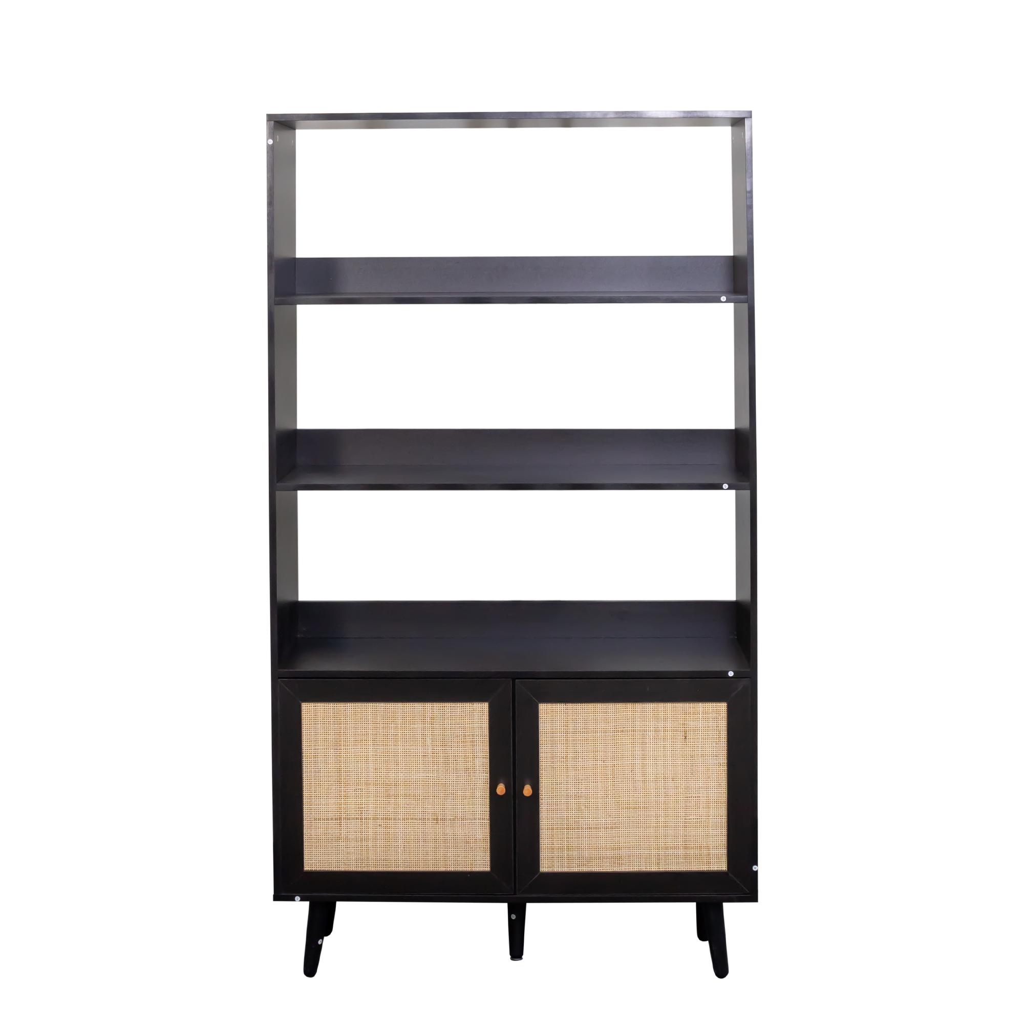 Product photograph of Ferrero Black And Woven Rattan Open Shelving Unit With Cupboard from Choice Furniture Superstore.
