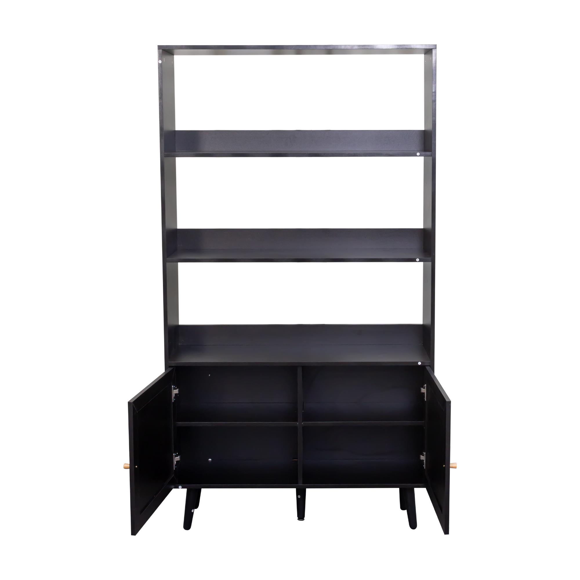Product photograph of Ferrero Black And Woven Rattan Open Shelving Unit With Cupboard from Choice Furniture Superstore.