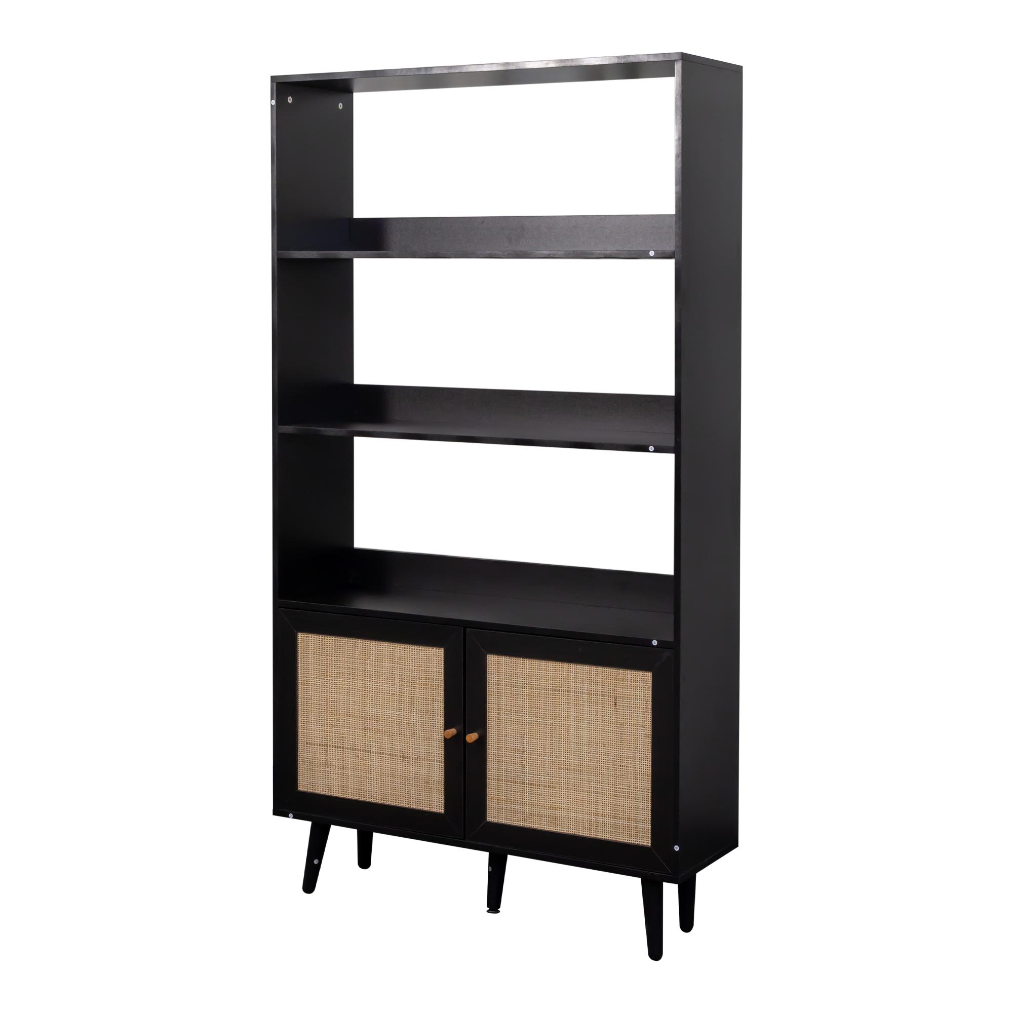Product photograph of Ferrero Black And Woven Rattan Open Shelving Unit With Cupboard from Choice Furniture Superstore.