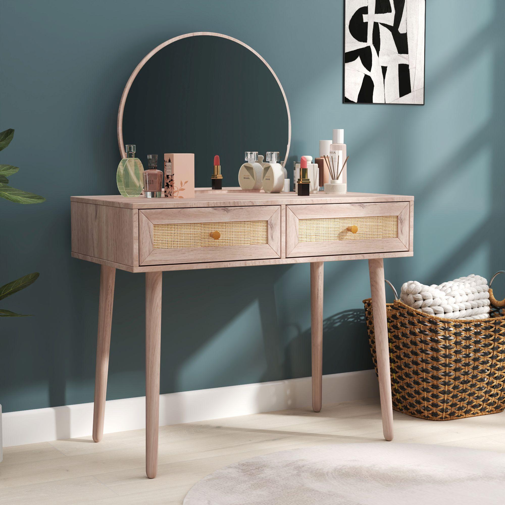 Product photograph of Ferrero Natural And Woven Rattan 2 Drawer Dressing Table With Mirror from Choice Furniture Superstore.