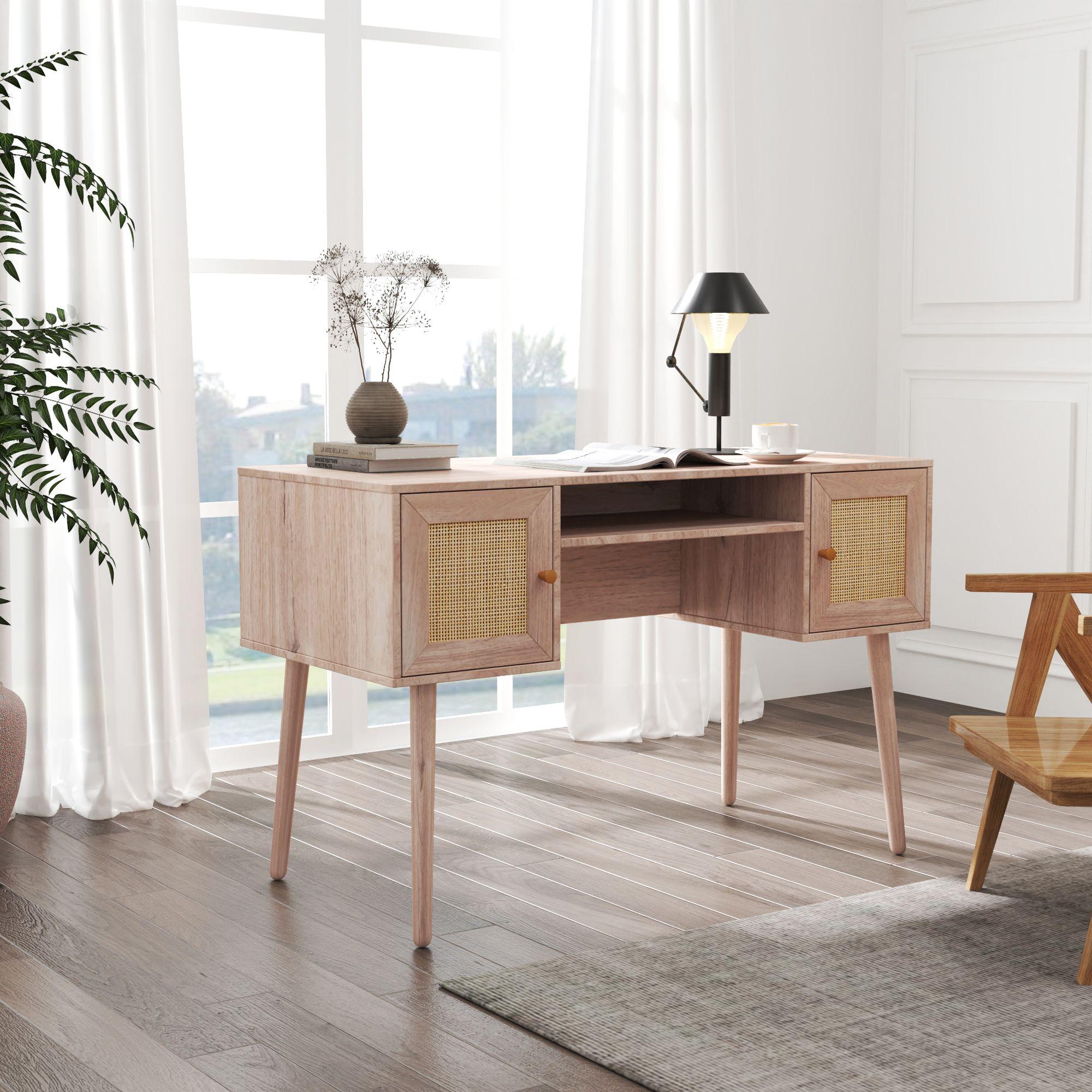 Product photograph of Ferrero Natural And Woven Rattan 2 Drawer Desk from Choice Furniture Superstore.
