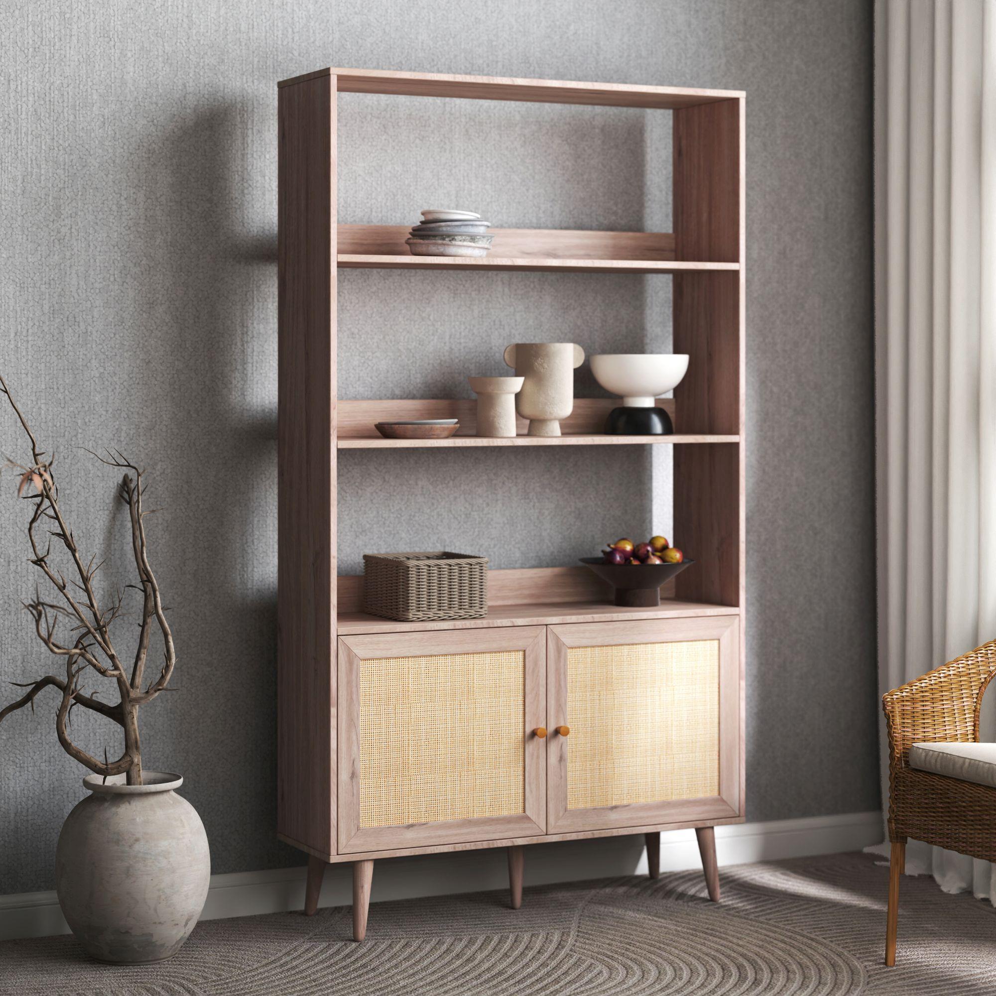 Product photograph of Ferrero Natural And Woven Rattan Open Shelving Unit With Cupboard from Choice Furniture Superstore.