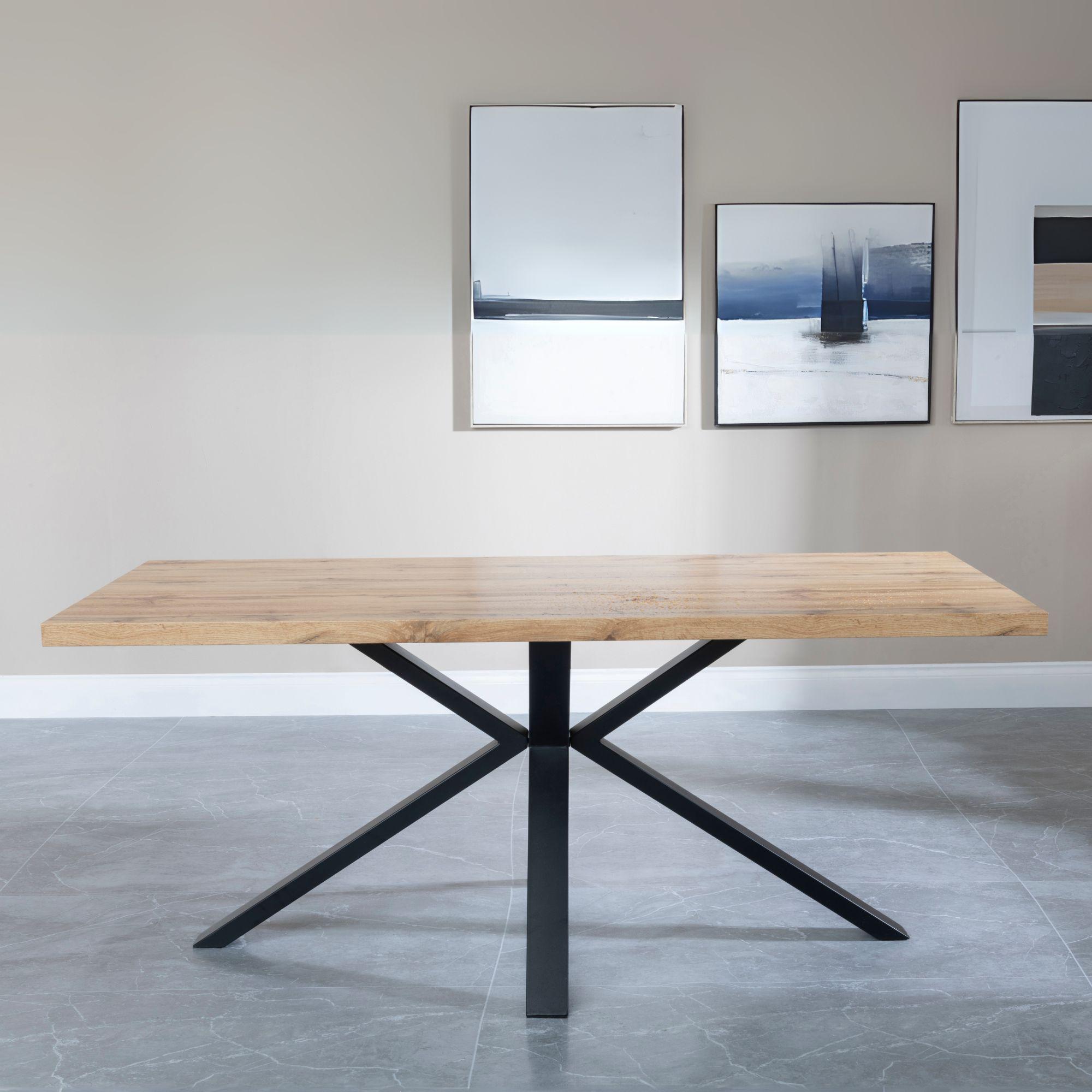 Product photograph of Ezra Industrial Oak Effect Dining Set With Spider Legs - Corona Orange Fabric Dining Chair from Choice Furniture Superstore.
