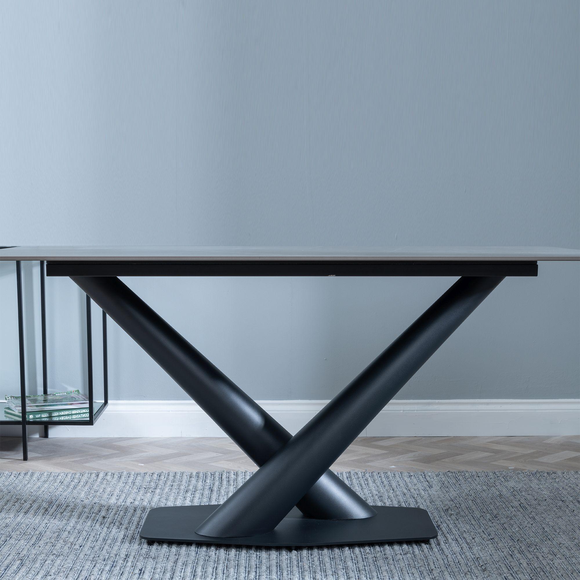 Product photograph of Maldon Grey Ceramic Dining Set - Metro White Leather Dining Chair With Black Legs from Choice Furniture Superstore.