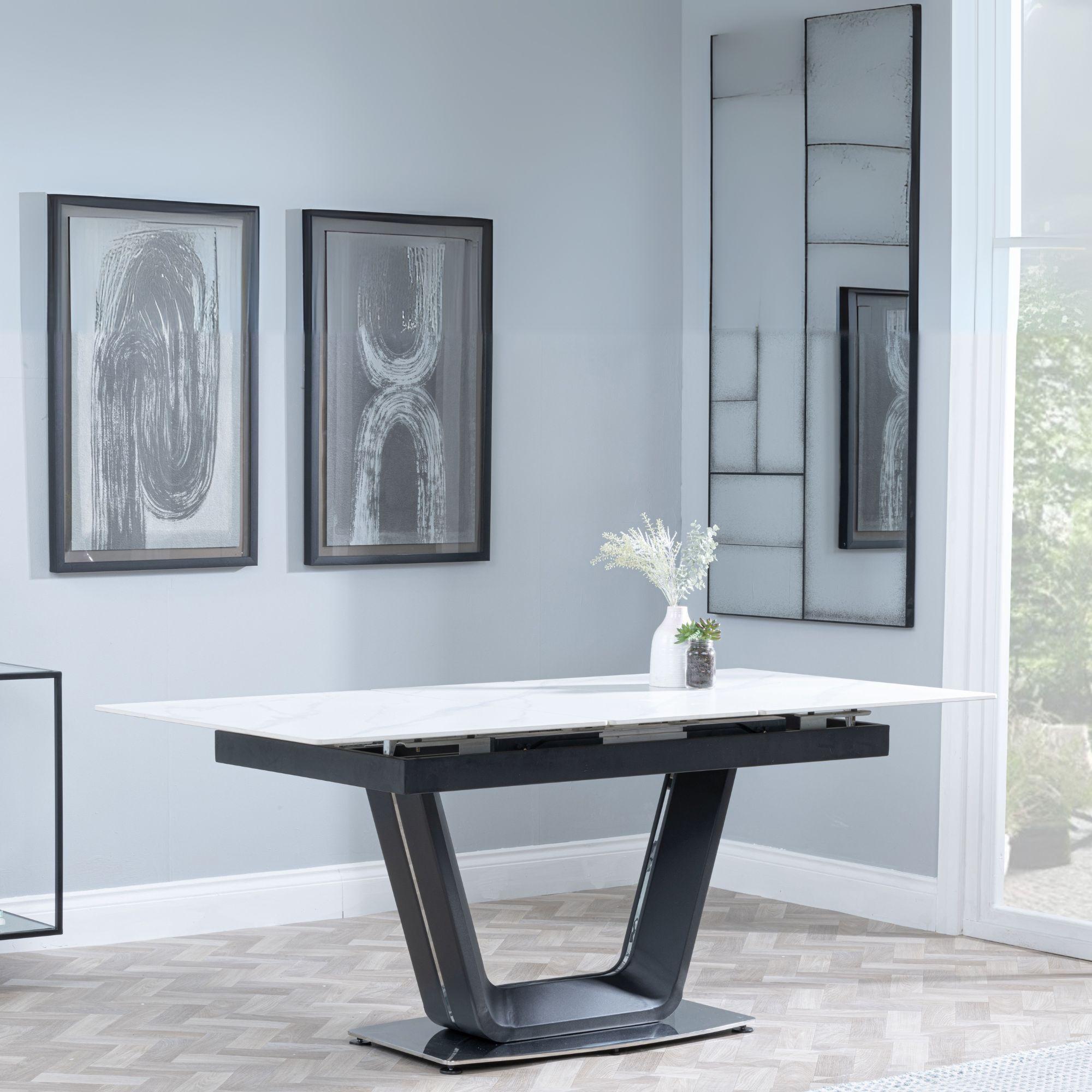 Product photograph of Alpha White Ceramic Extending Dining Set - Corona Blue Fabric Dining Chair from Choice Furniture Superstore.