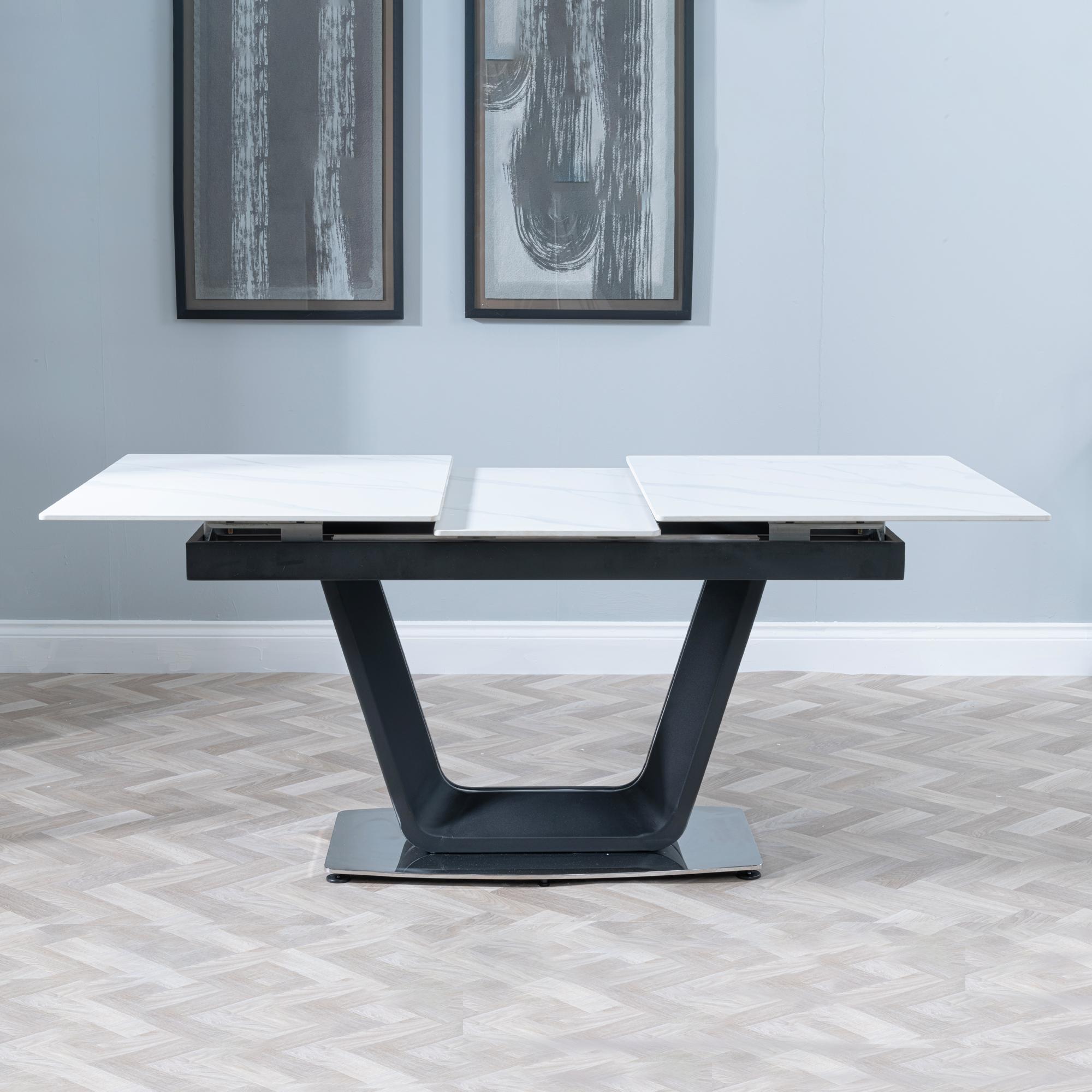 Product photograph of Alpha White Ceramic Extending Dining Set - Corona Blue Fabric Dining Chair from Choice Furniture Superstore.