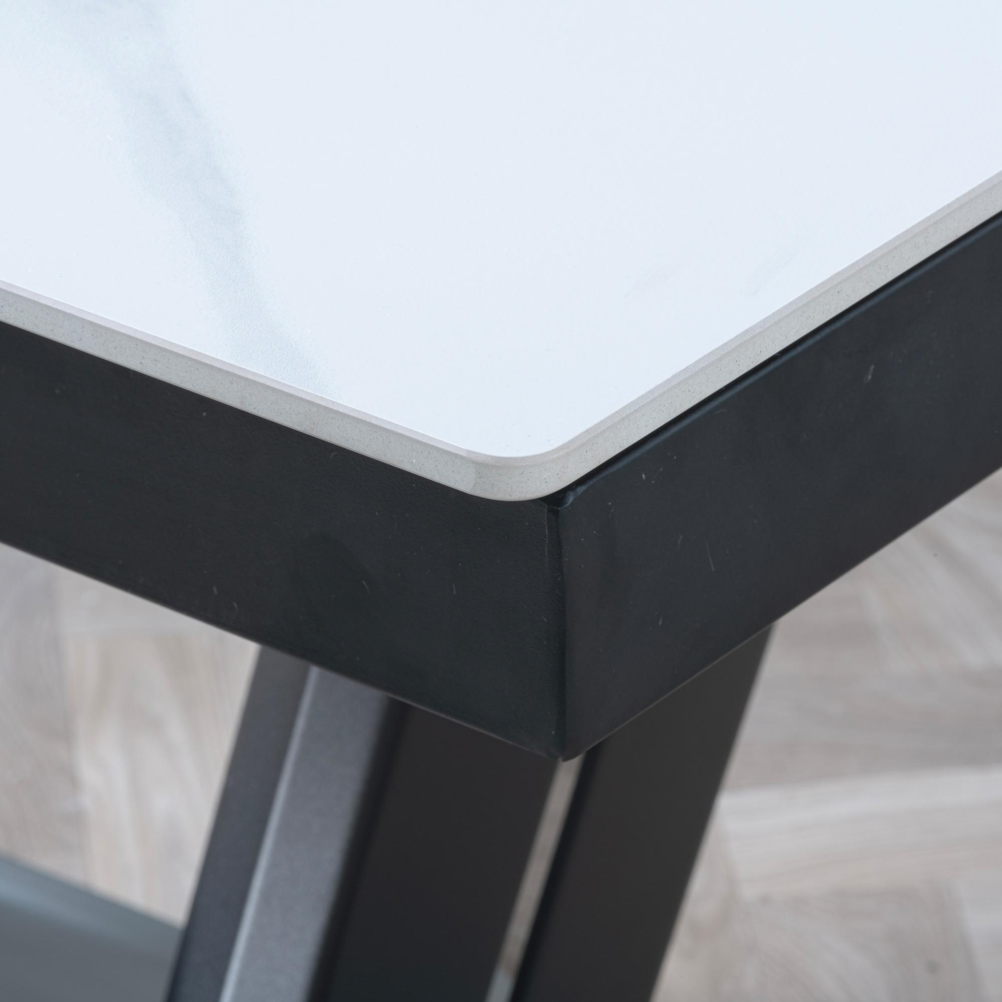 Product photograph of Alpha White Ceramic Extending Dining Set - Corona Blue Fabric Dining Chair from Choice Furniture Superstore.
