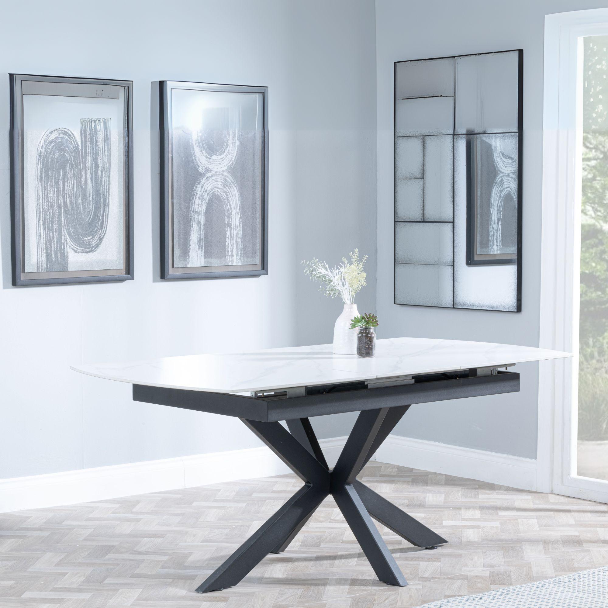Product photograph of Bari White Ceramic Extending Dining Set - Corona Brown Fabric Dining Chair from Choice Furniture Superstore.