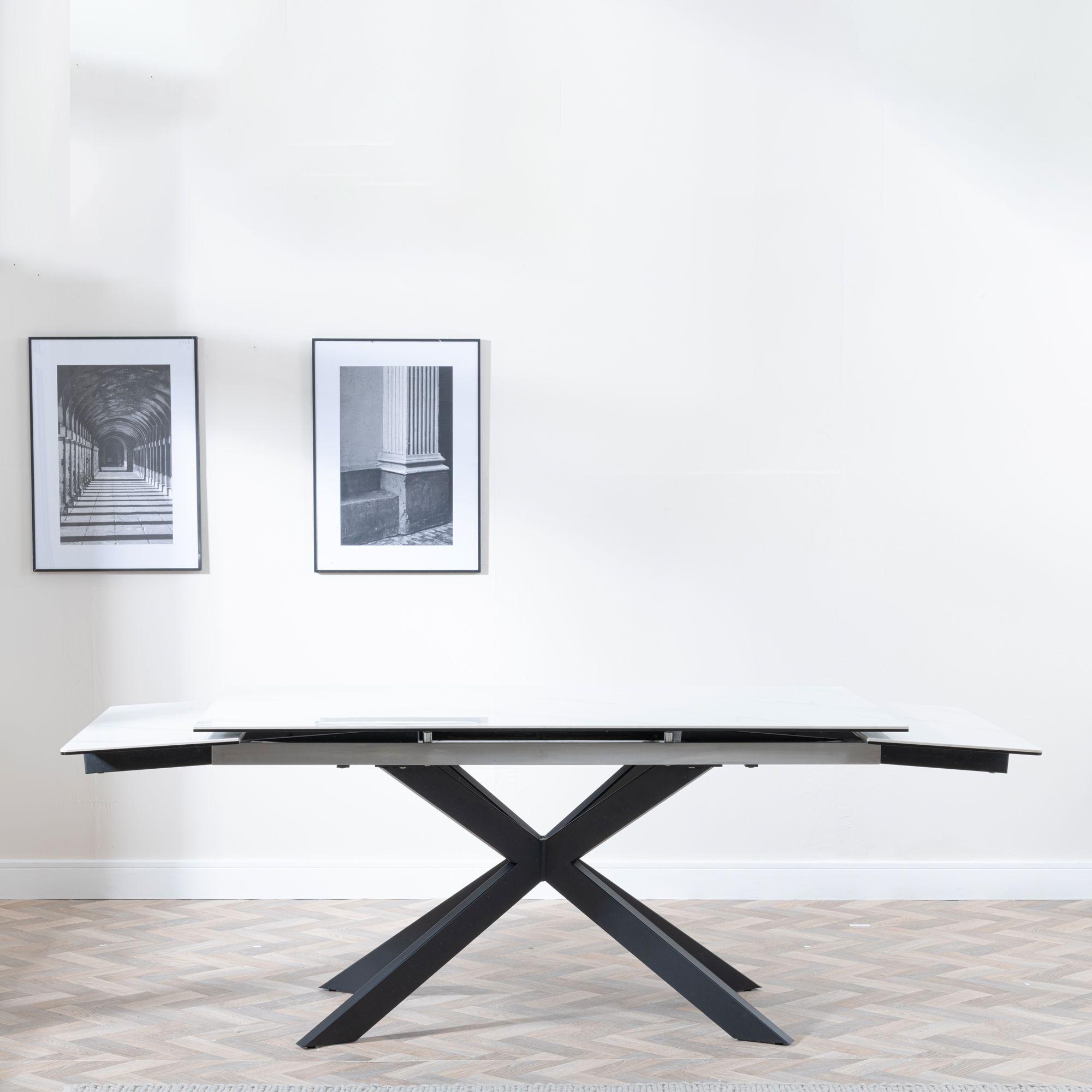 Product photograph of Sutton White Ceramic Extending Dining Set - Kiefer Grey Boucle Fabric Dining Chair from Choice Furniture Superstore.