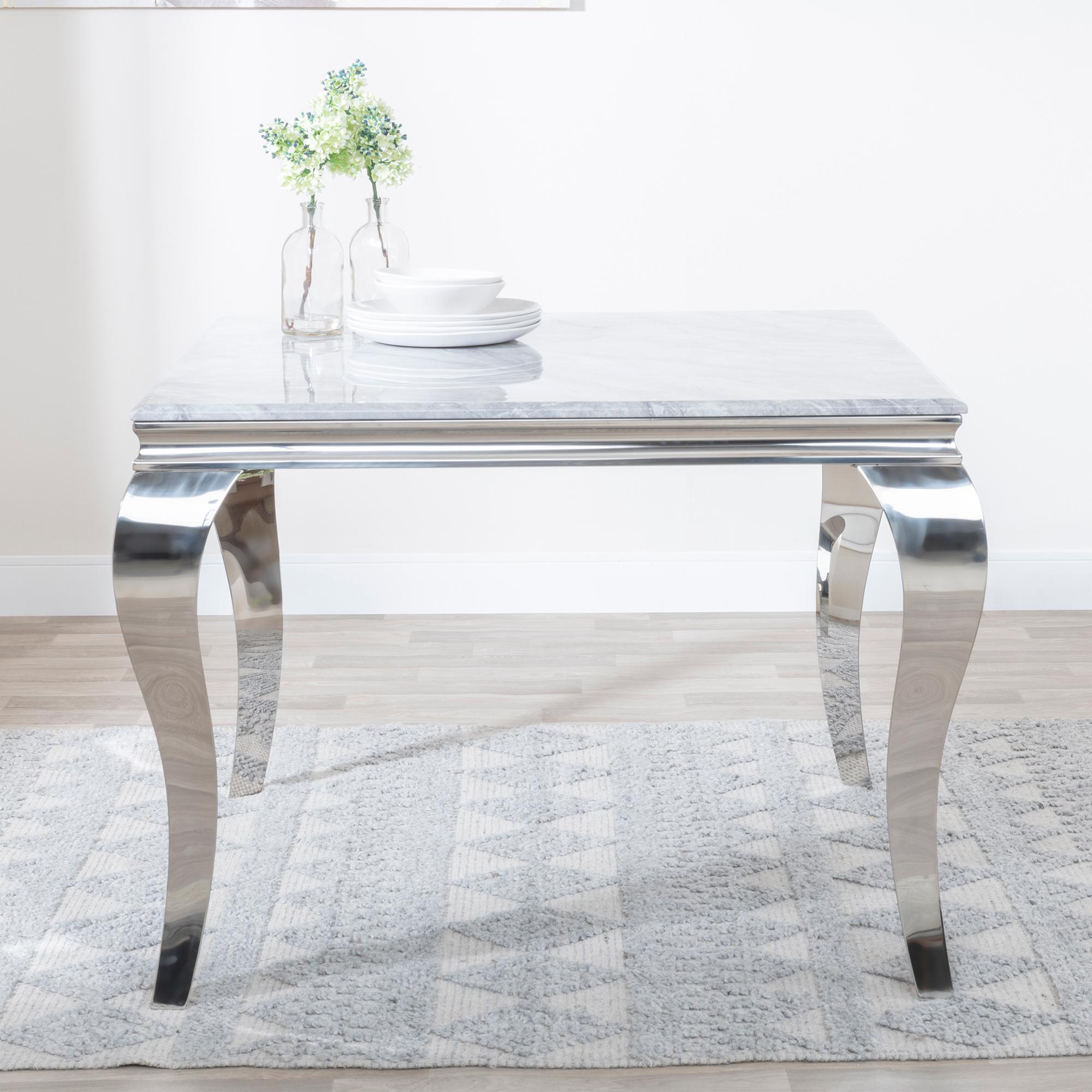 Product photograph of Louis 4 Seater Grey Marble And Chrome Square Dining Set - 4 Jamison Grey Faux Leather Dining Chair from Choice Furniture Superstore.