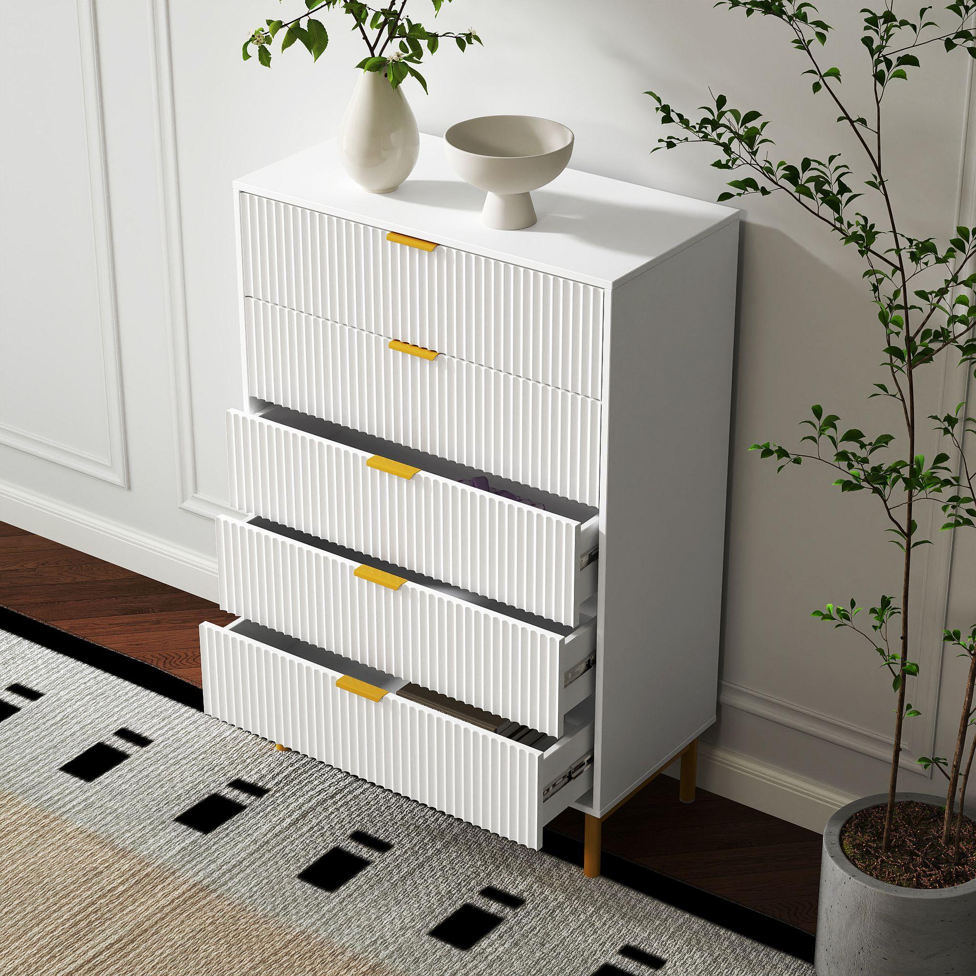 Product photograph of Ridged White And Gold 5 Drawer Chest from Choice Furniture Superstore.