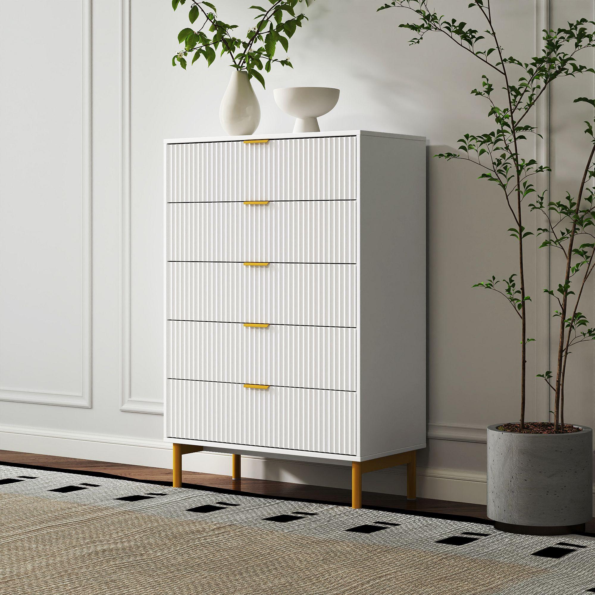 Product photograph of Ridged White And Gold 5 Drawer Chest from Choice Furniture Superstore.