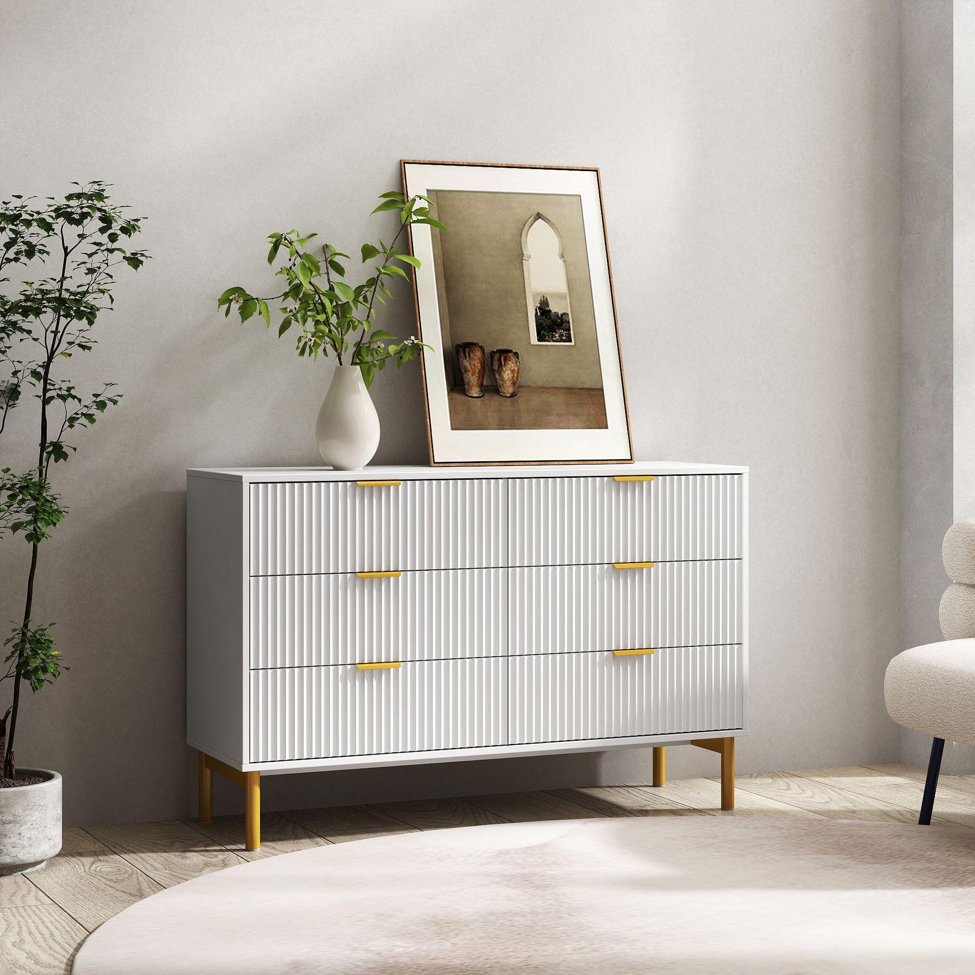 Product photograph of Ridged White And Gold 6 Drawer Wide Chest from Choice Furniture Superstore.