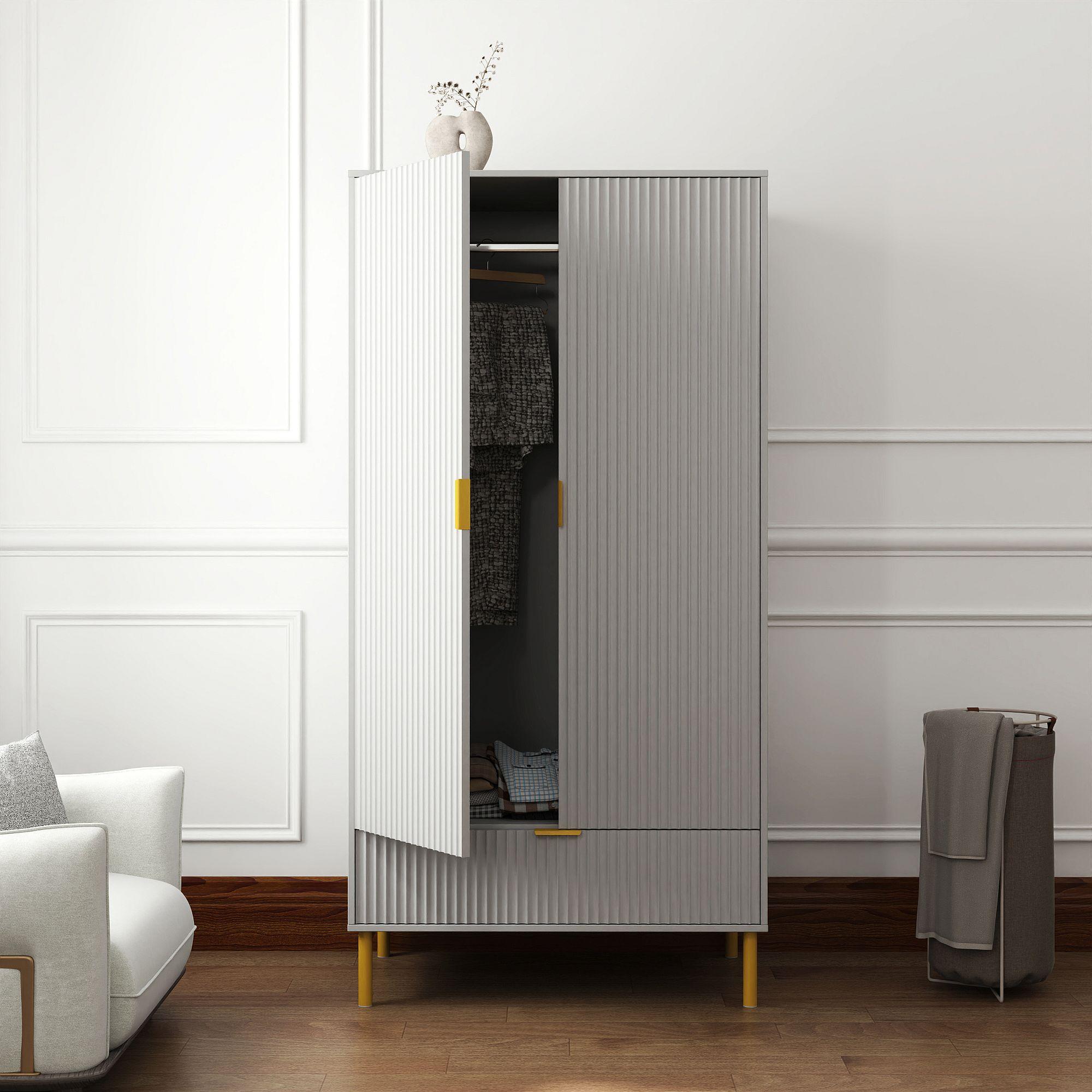 Product photograph of Ridged Grey And Gold 2 Door 1 Drawer Wardrobe from Choice Furniture Superstore.