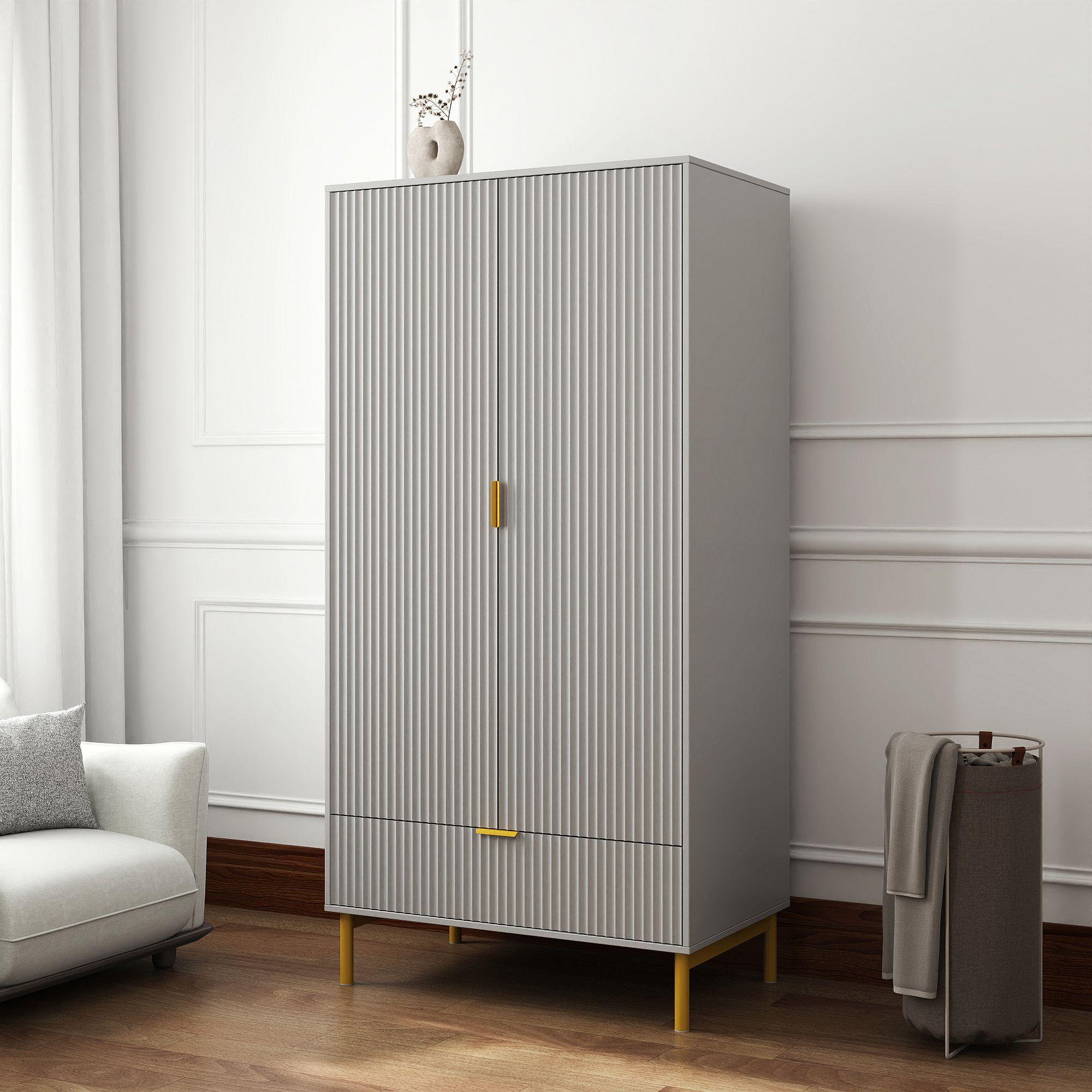 Product photograph of Ridged Grey And Gold 2 Door 1 Drawer Wardrobe from Choice Furniture Superstore.