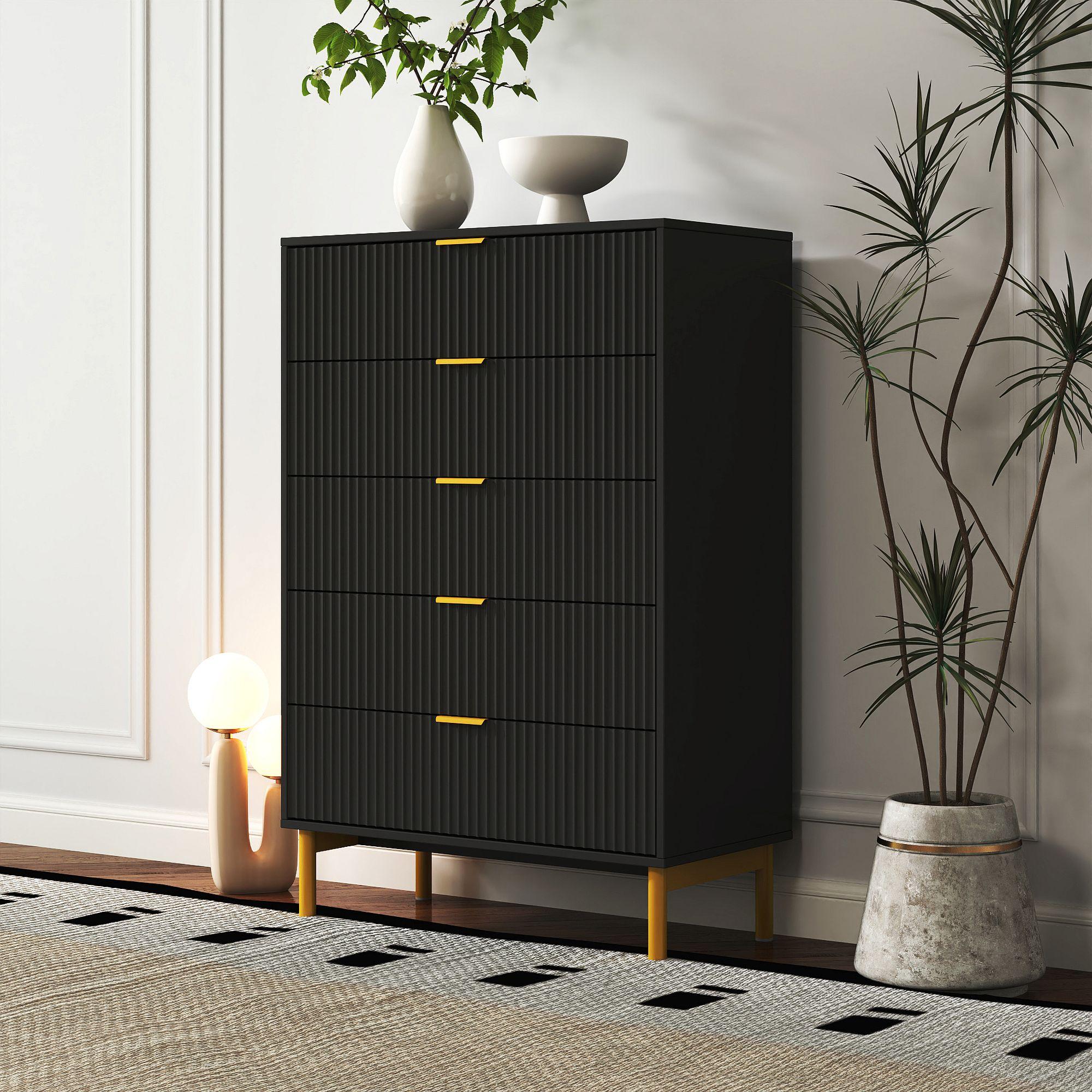 Product photograph of Ridged Black And Gold 5 Drawer Chest from Choice Furniture Superstore.