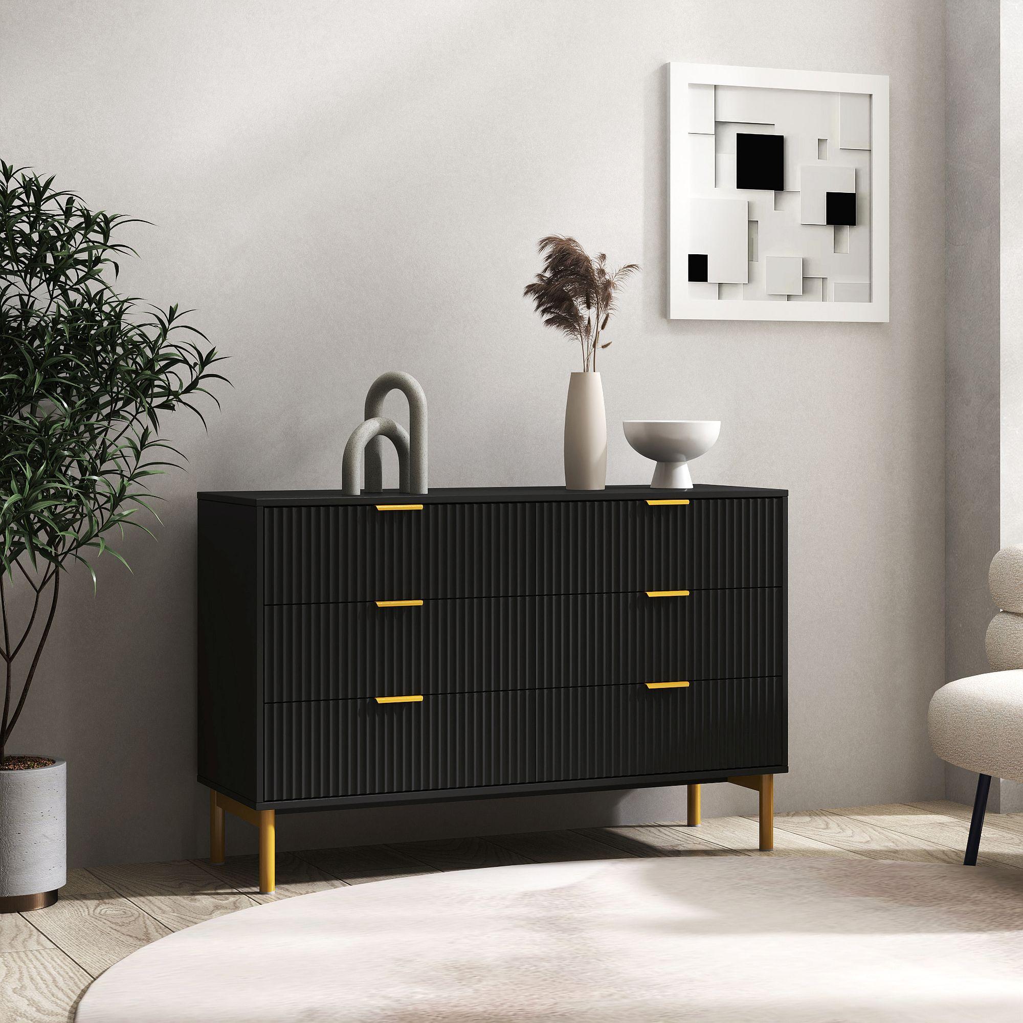 Product photograph of Ridged Black And Gold 6 Drawer Wide Chest from Choice Furniture Superstore.