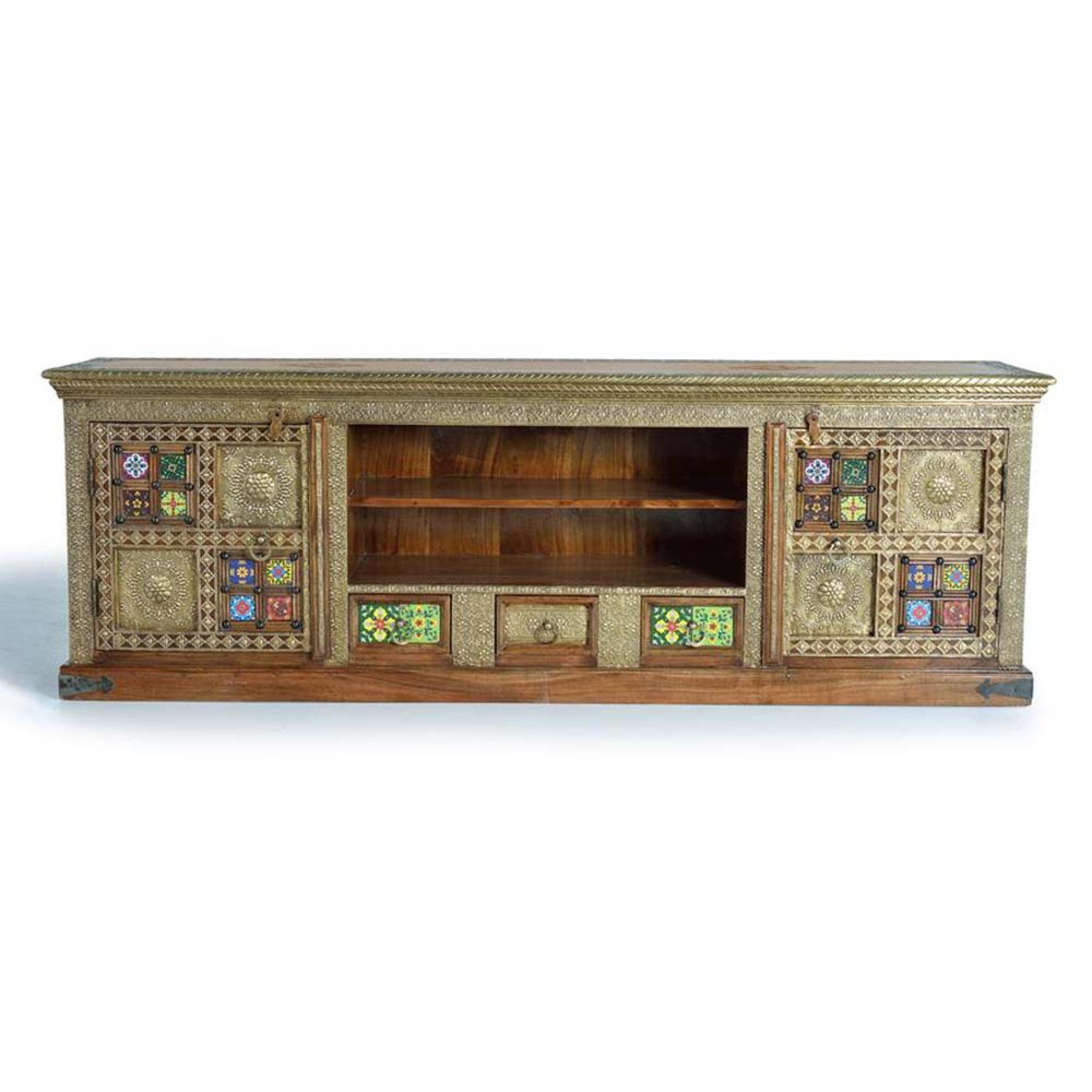 Product photograph of Trona Acacia Wood Brass Cladded Storage Tv Unit from Choice Furniture Superstore.