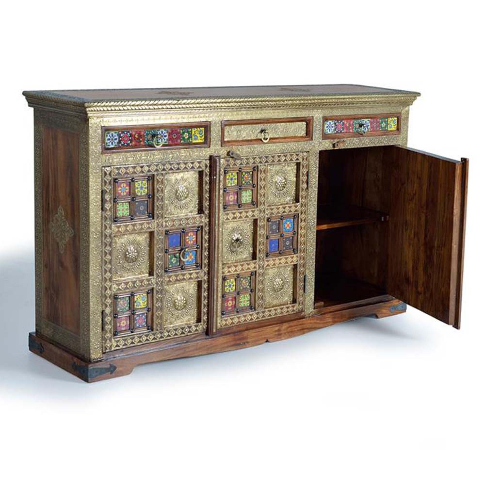 Product photograph of Trona Acacia Wood Brass Cladded Large 3 Door Sideboard - 150cm from Choice Furniture Superstore.