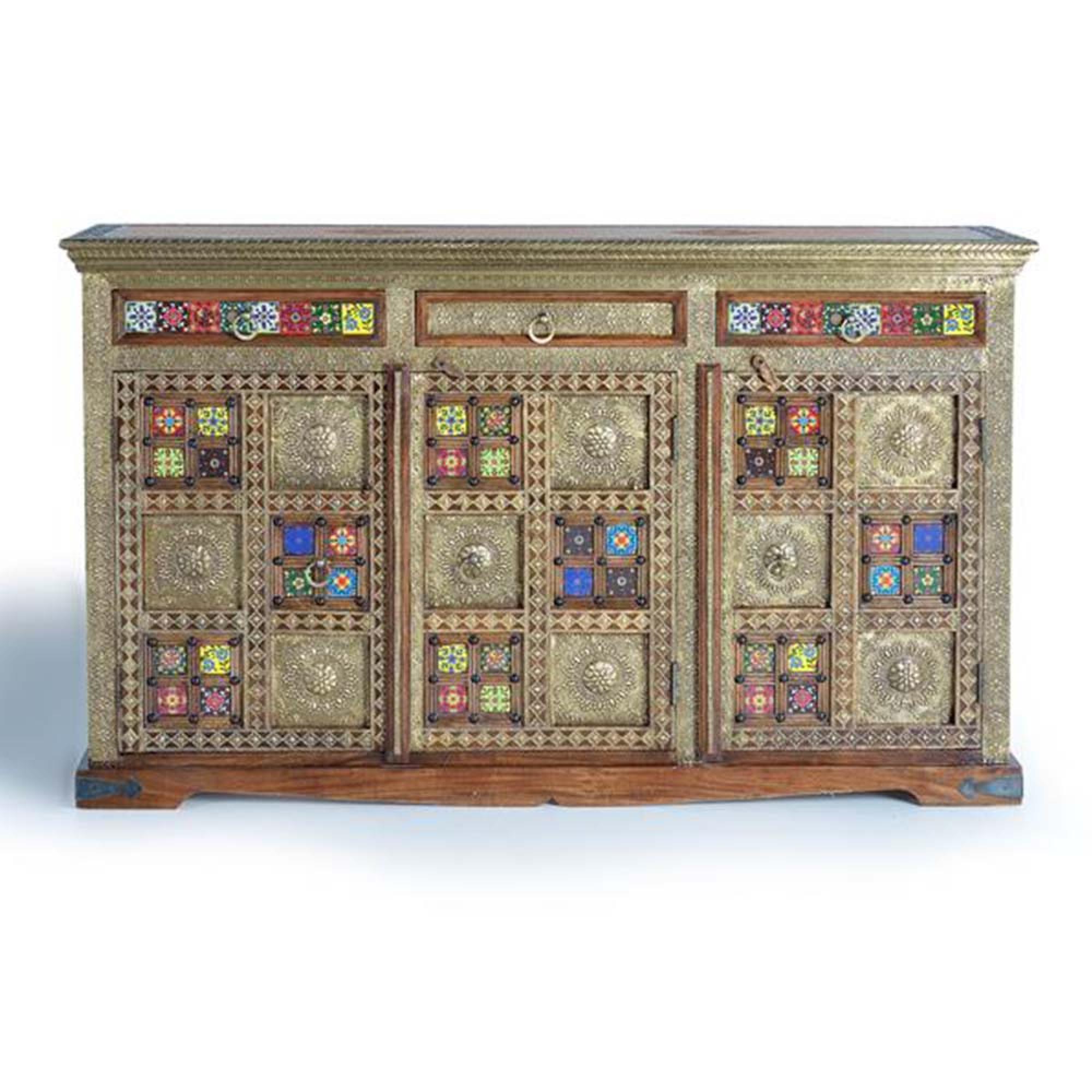 Product photograph of Trona Acacia Wood Brass Cladded Large 3 Door Sideboard - 150cm from Choice Furniture Superstore.