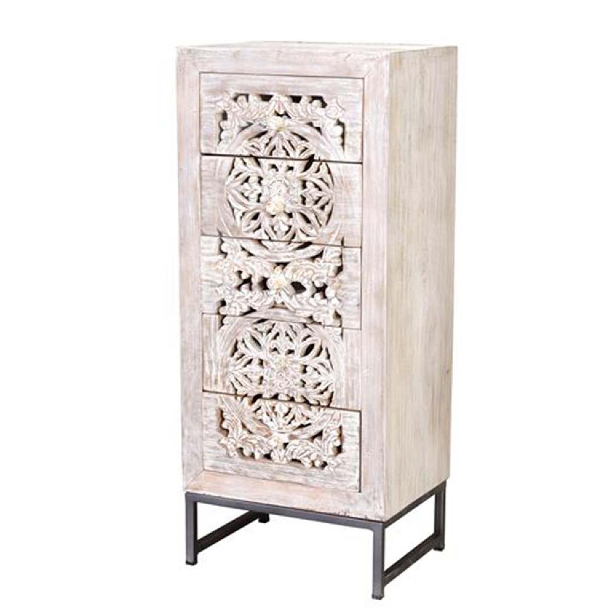 Product photograph of Quintana White Washed Carved Mango Wood 5 Drawer Tall Chest from Choice Furniture Superstore.
