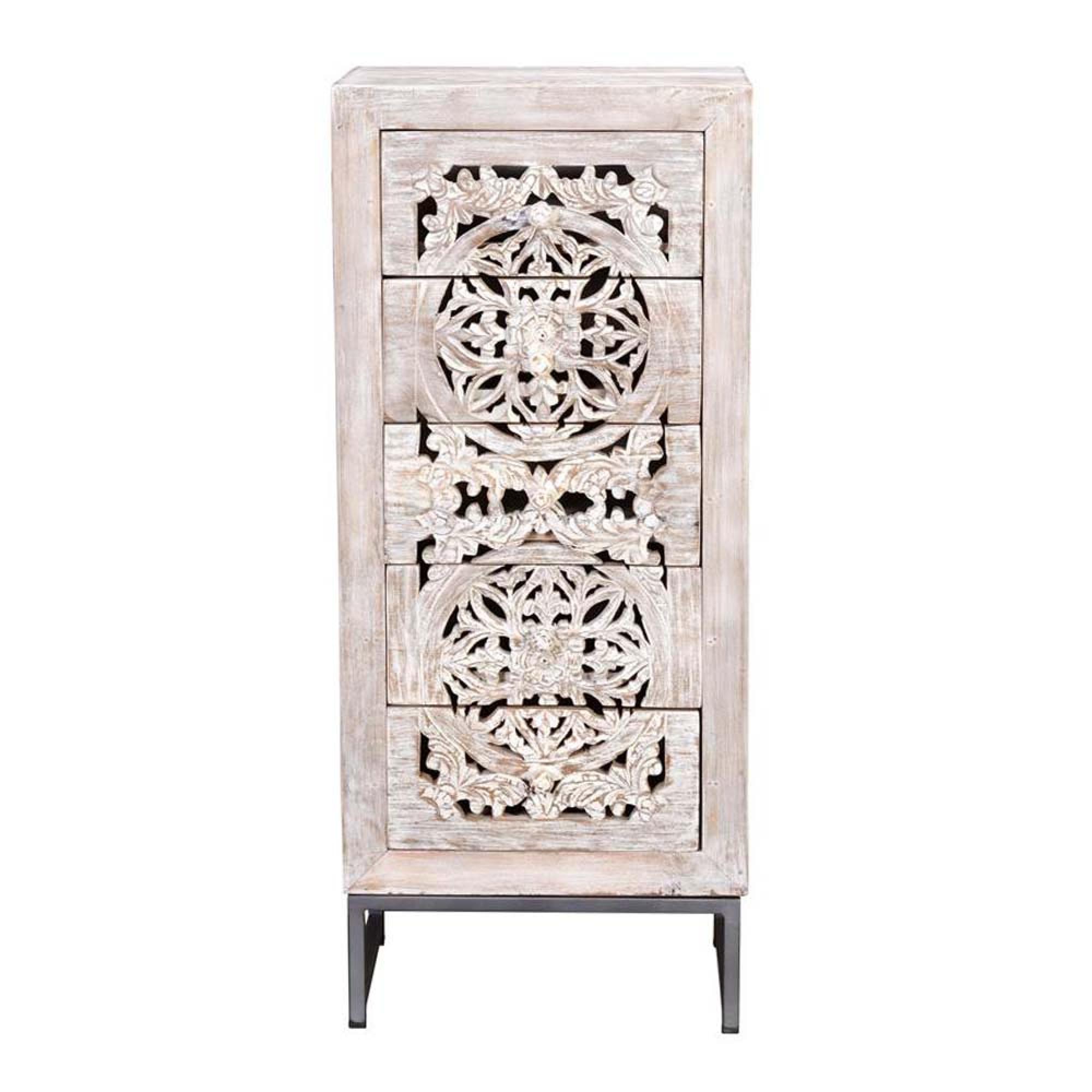 Product photograph of Quintana White Washed Carved Mango Wood 5 Drawer Tall Chest from Choice Furniture Superstore.