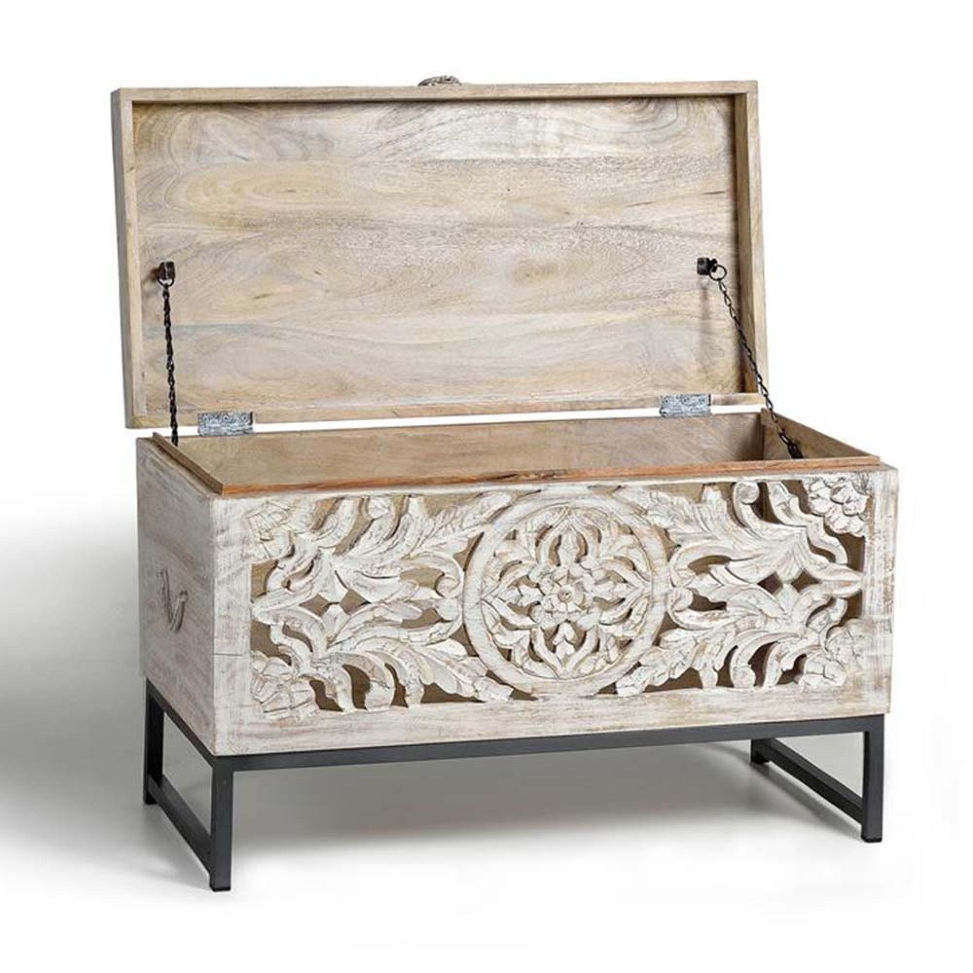 Product photograph of Quintana White Washed Carved Mango Wood Storage Trunk - 80cm from Choice Furniture Superstore.