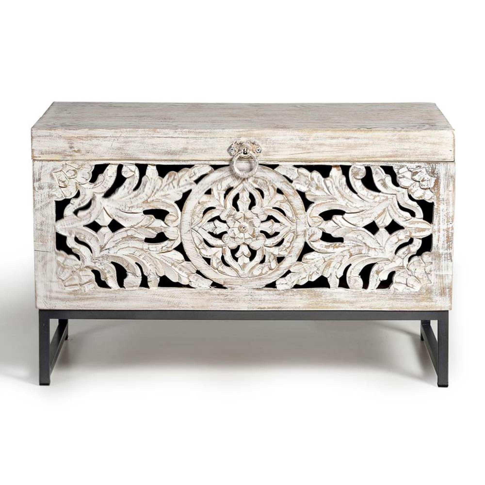Product photograph of Quintana White Washed Carved Mango Wood Storage Trunk - 80cm from Choice Furniture Superstore.