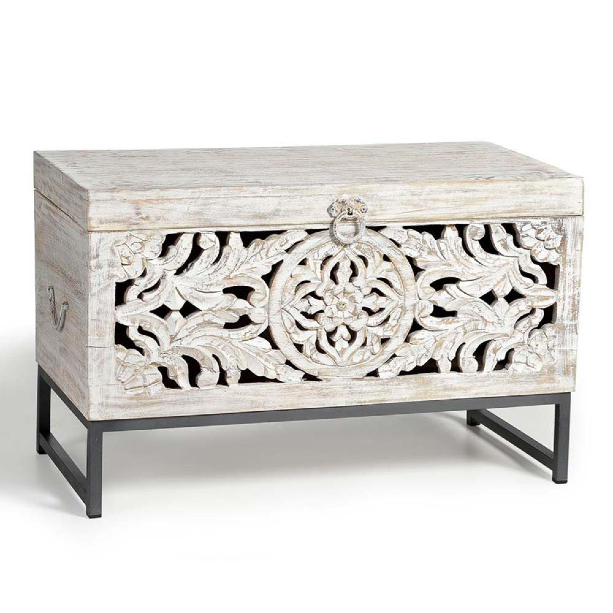 Product photograph of Quintana White Washed Carved Mango Wood Storage Trunk - 80cm from Choice Furniture Superstore.