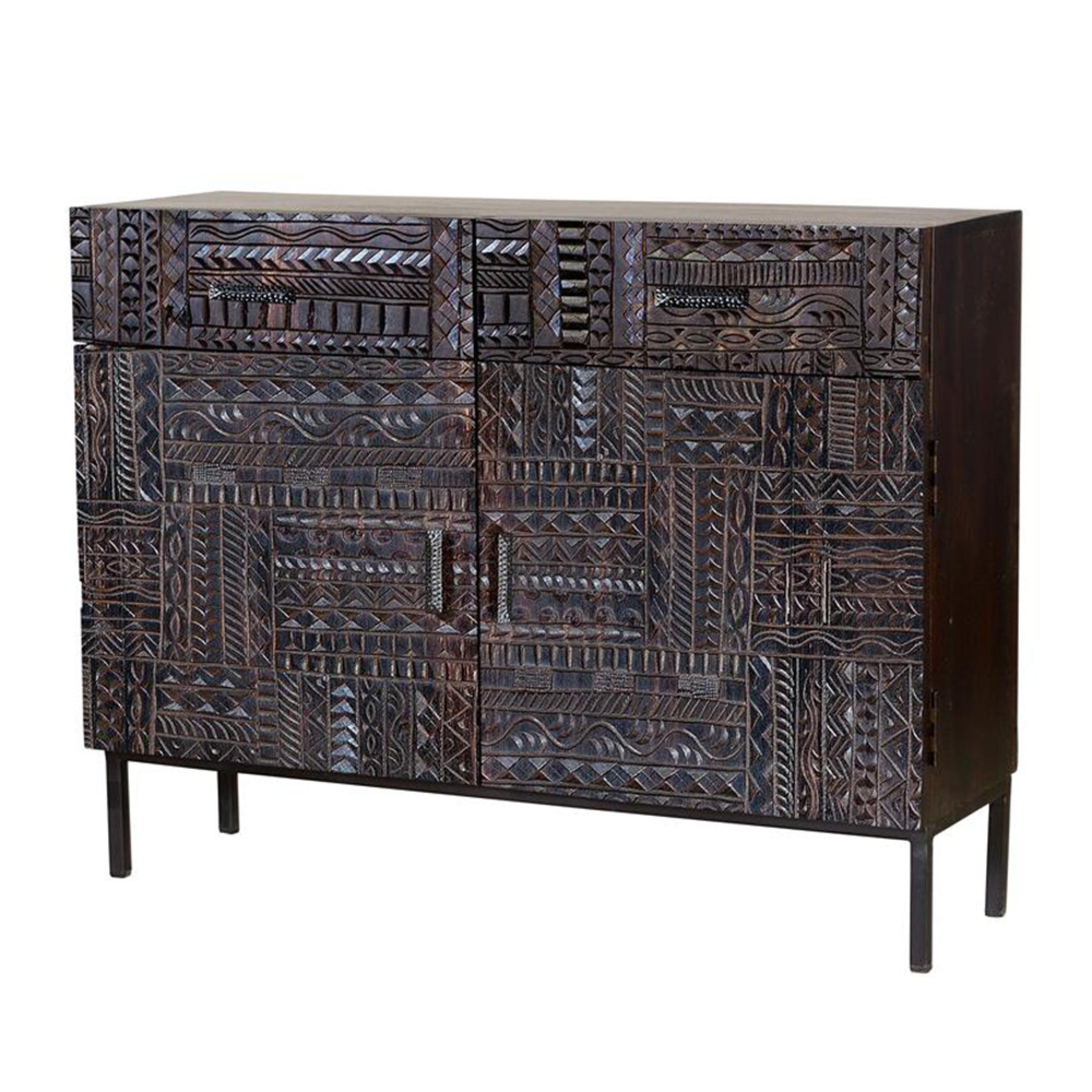 Product photograph of Macedonia Hand Carved Mango Wood Small 2 Door Sideboard - 100cm from Choice Furniture Superstore.