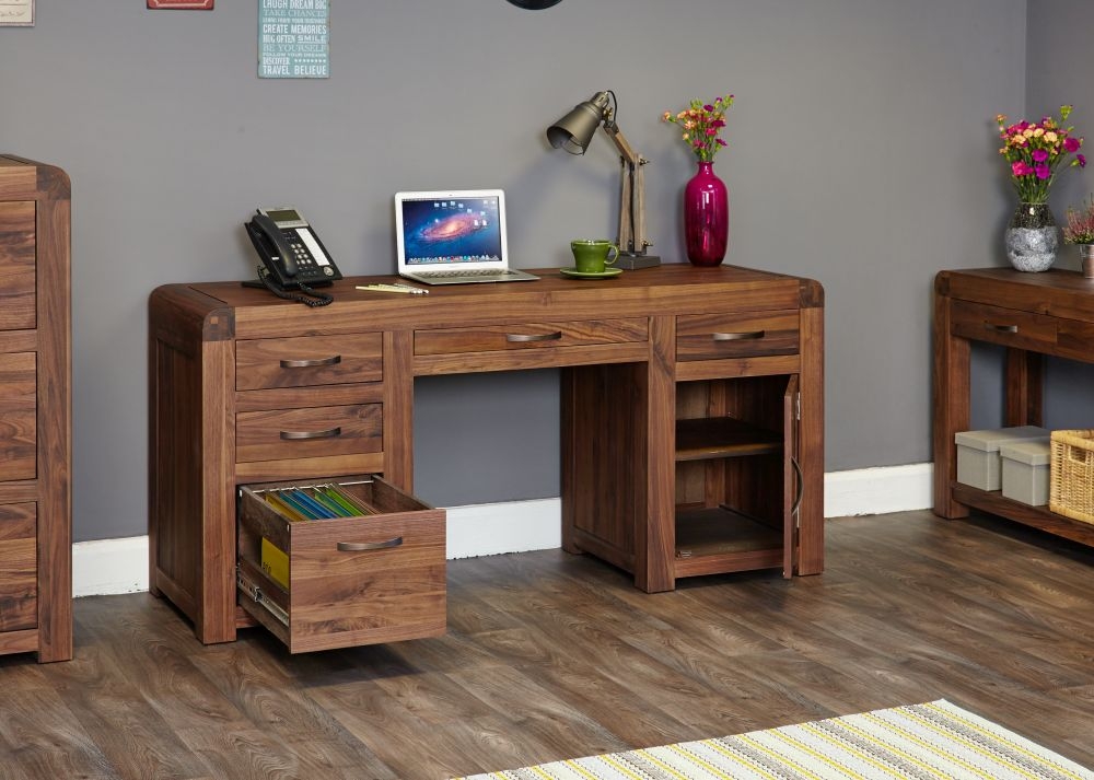 Product photograph of Shiro Walnut 1 Door 5 Drawer Computer Desk from Choice Furniture Superstore.