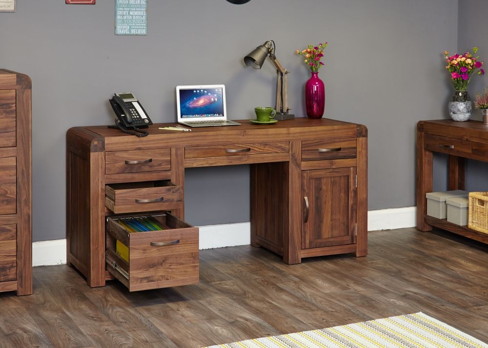 Product photograph of Shiro Walnut 1 Door 5 Drawer Computer Desk from Choice Furniture Superstore.