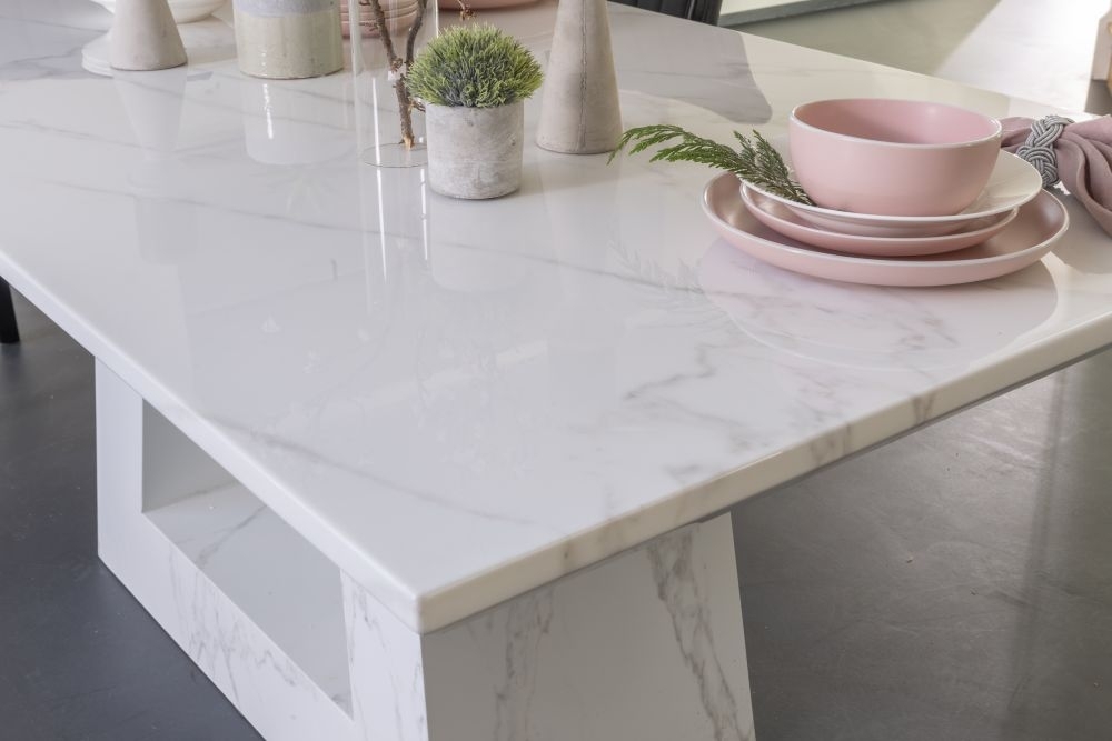 Product photograph of Milan Marble Dining Table White Rectangular Top With Triangular Pedestal Base from Choice Furniture Superstore.