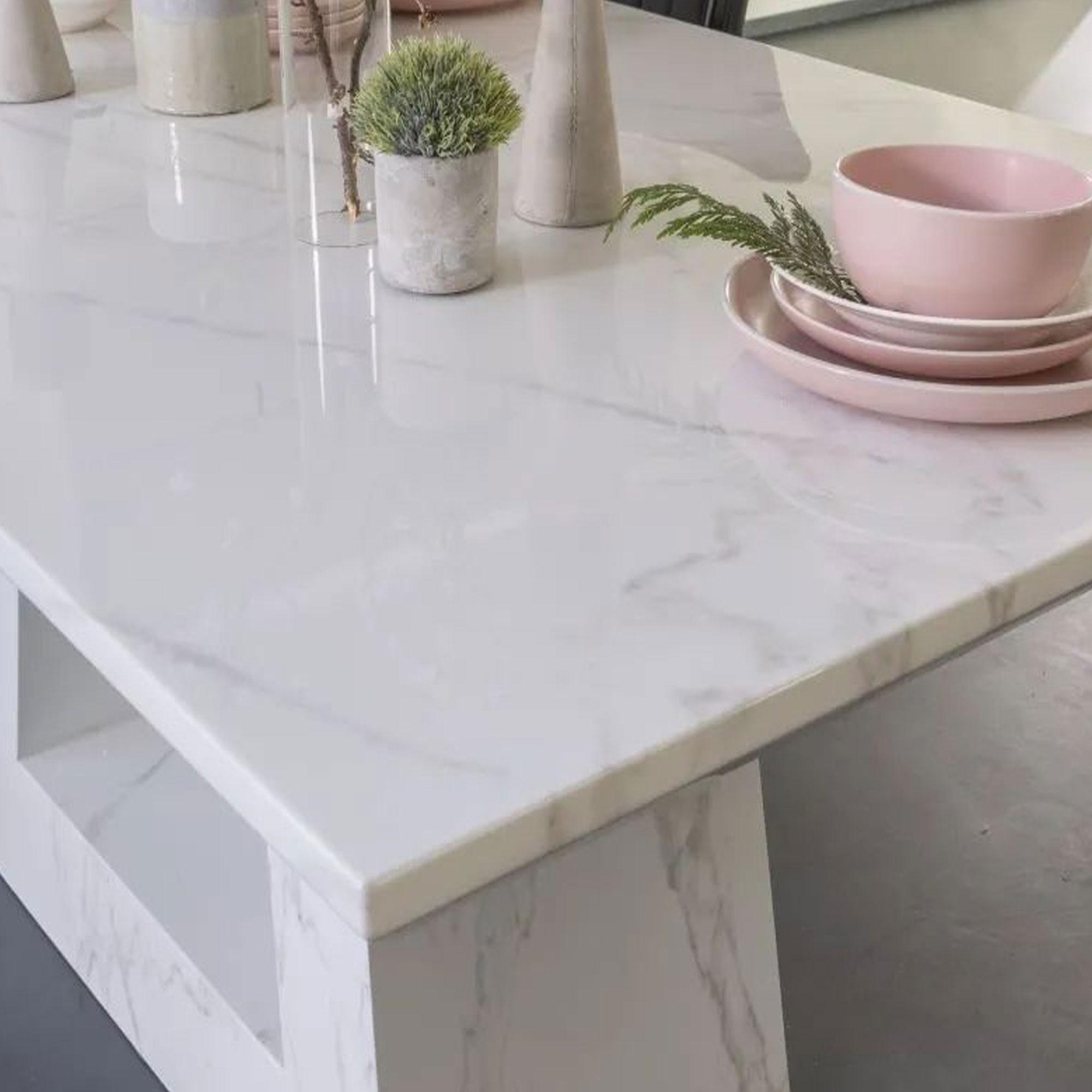 Product photograph of Milan Marble Dining Table White Rectangular Top With Triangular Pedestal Base - 6 Seater from Choice Furniture Superstore.