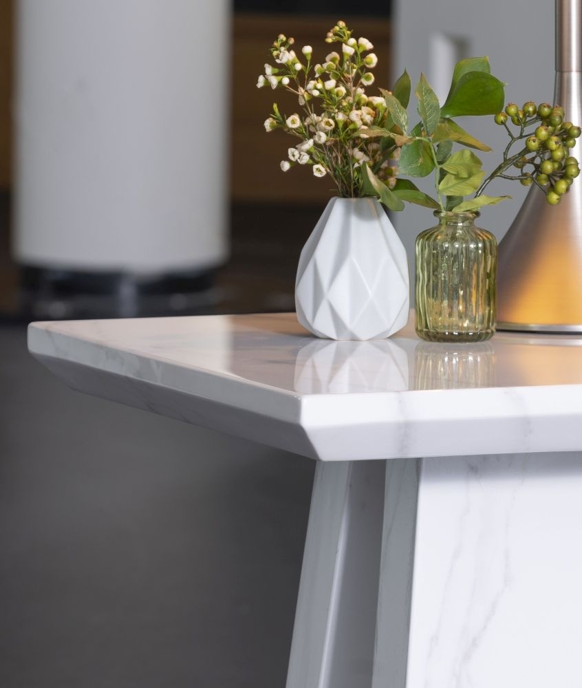 Product photograph of Milan Marble Side Table White Square Top With Triangular Pedestal Base from Choice Furniture Superstore.