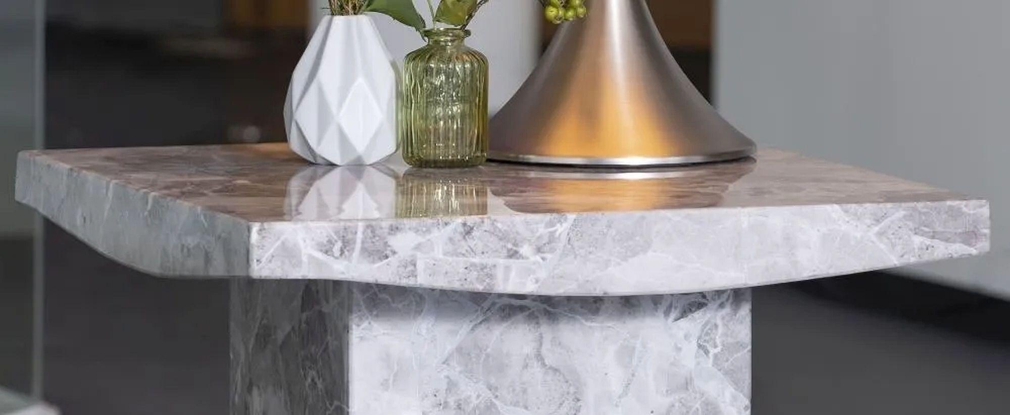 Turin Marble Lamp Table Grey Square Top with Pedestal Base