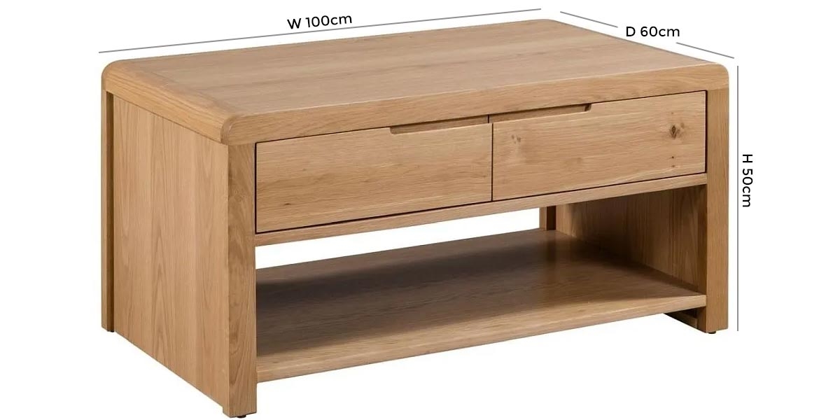 Product photograph of Curve Oak 2 Drawer Coffee Table from Choice Furniture Superstore.