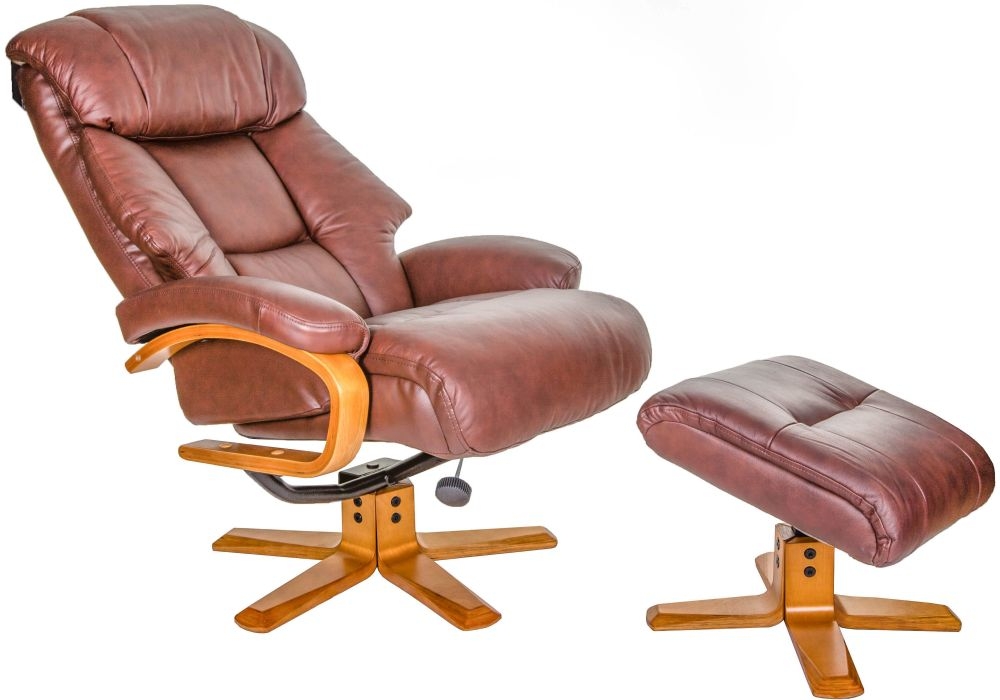 Product photograph of Gfa Nice Swivel Recliner Chair With Footstool - Chestnut Leather Match from Choice Furniture Superstore.