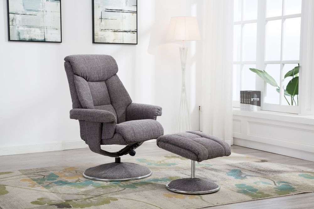 Product photograph of Gfa Biarritz Swivel Recliner Chair With Footstool - Lisbon Grey Fabric from Choice Furniture Superstore.