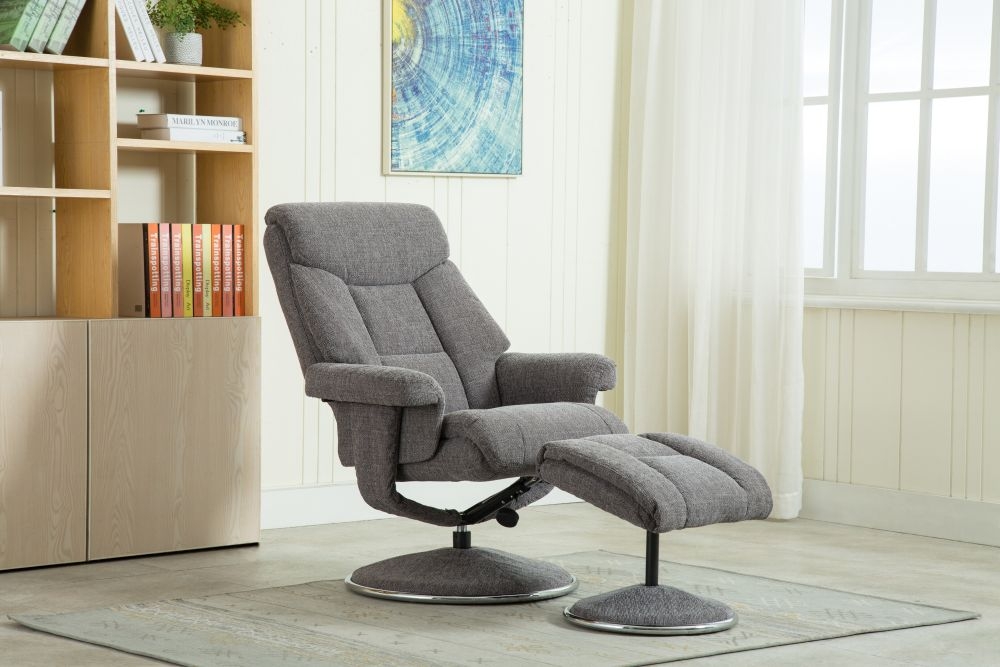 GFA Biarritz Swivel Recliner Chair with Footstool - Lisbon Grey Fabric ...